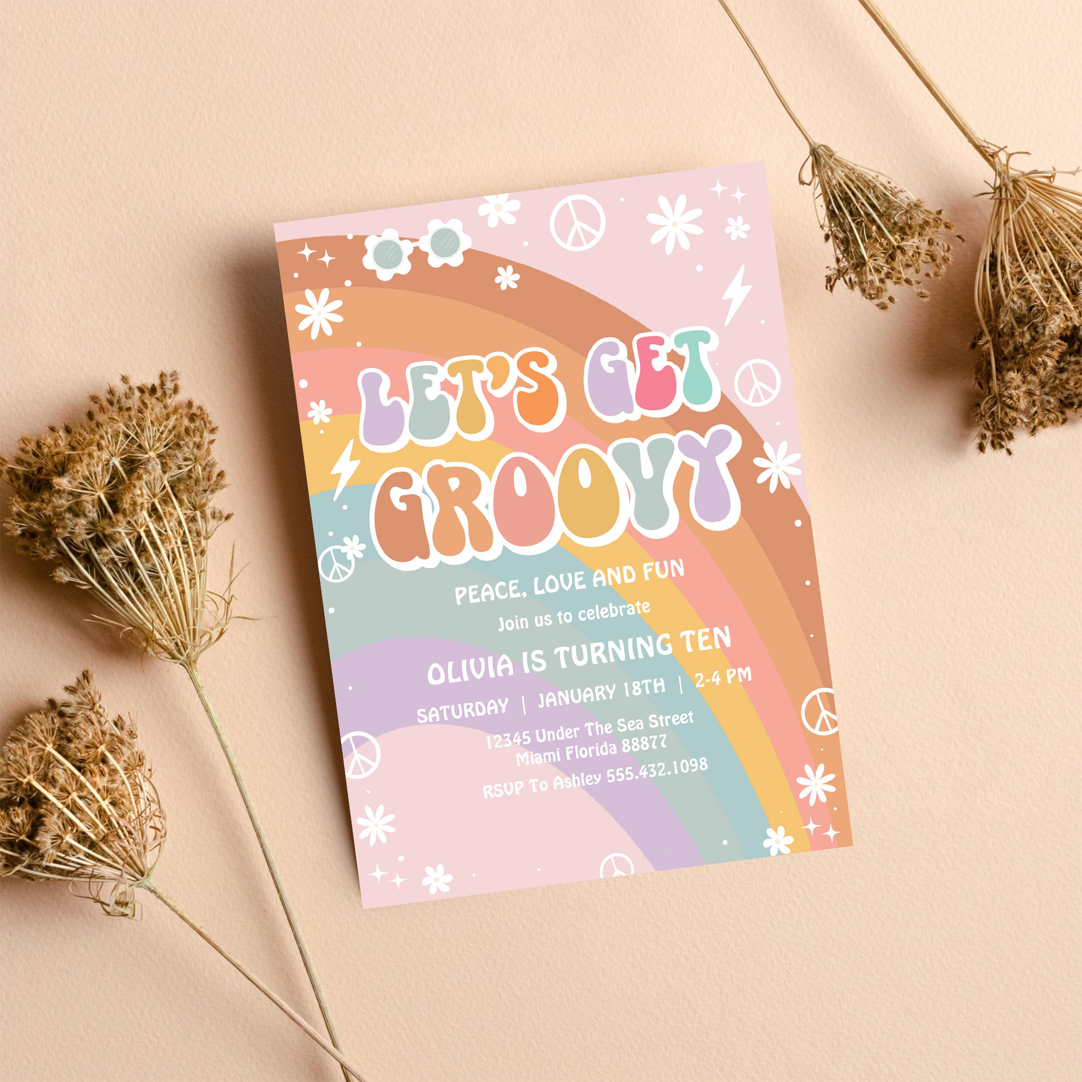 Lets Get Groovy Pink Daisy Rainbow Birthday Invitation - Image 8