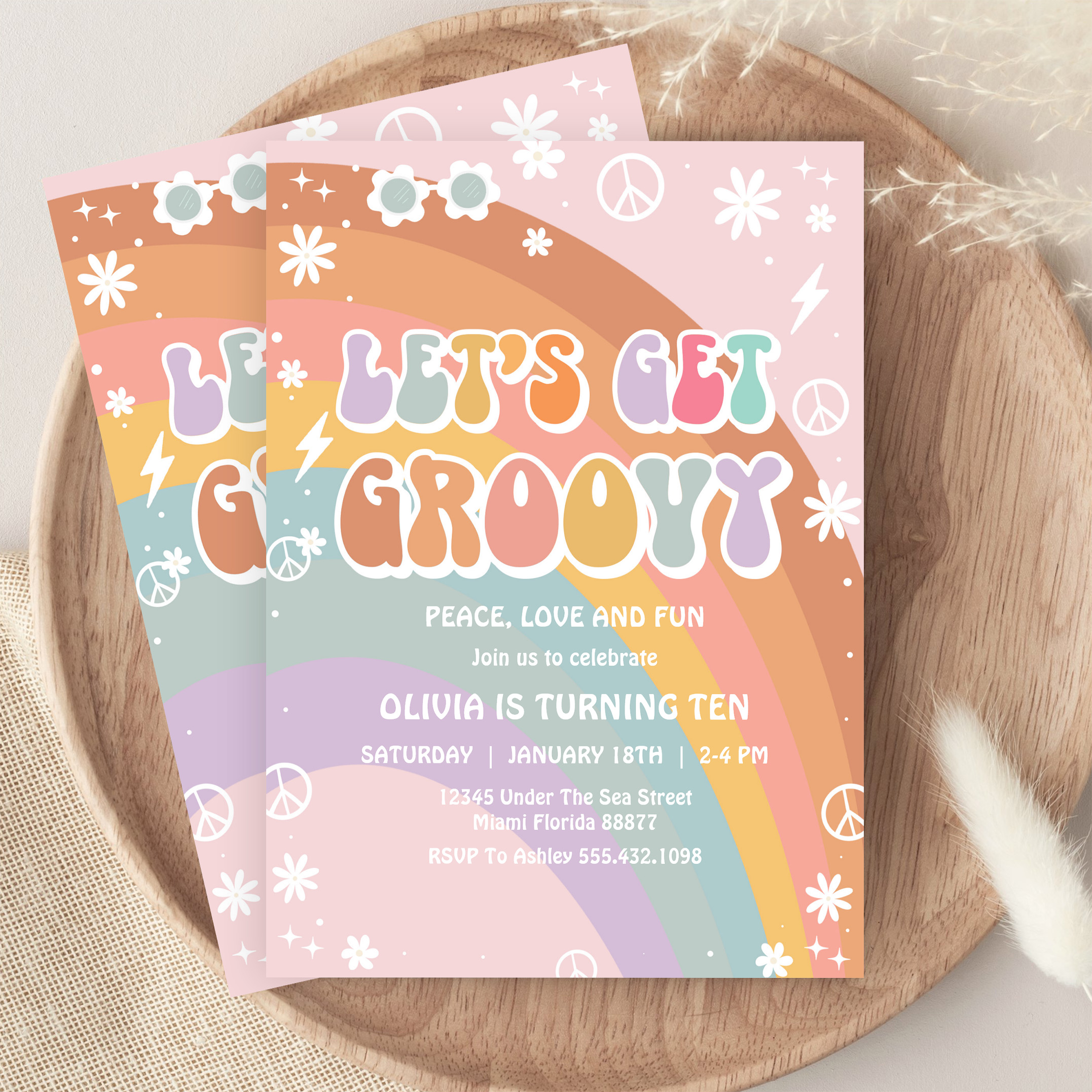Lets Get Groovy Pink Daisy Rainbow Birthday Invitation - Image 9