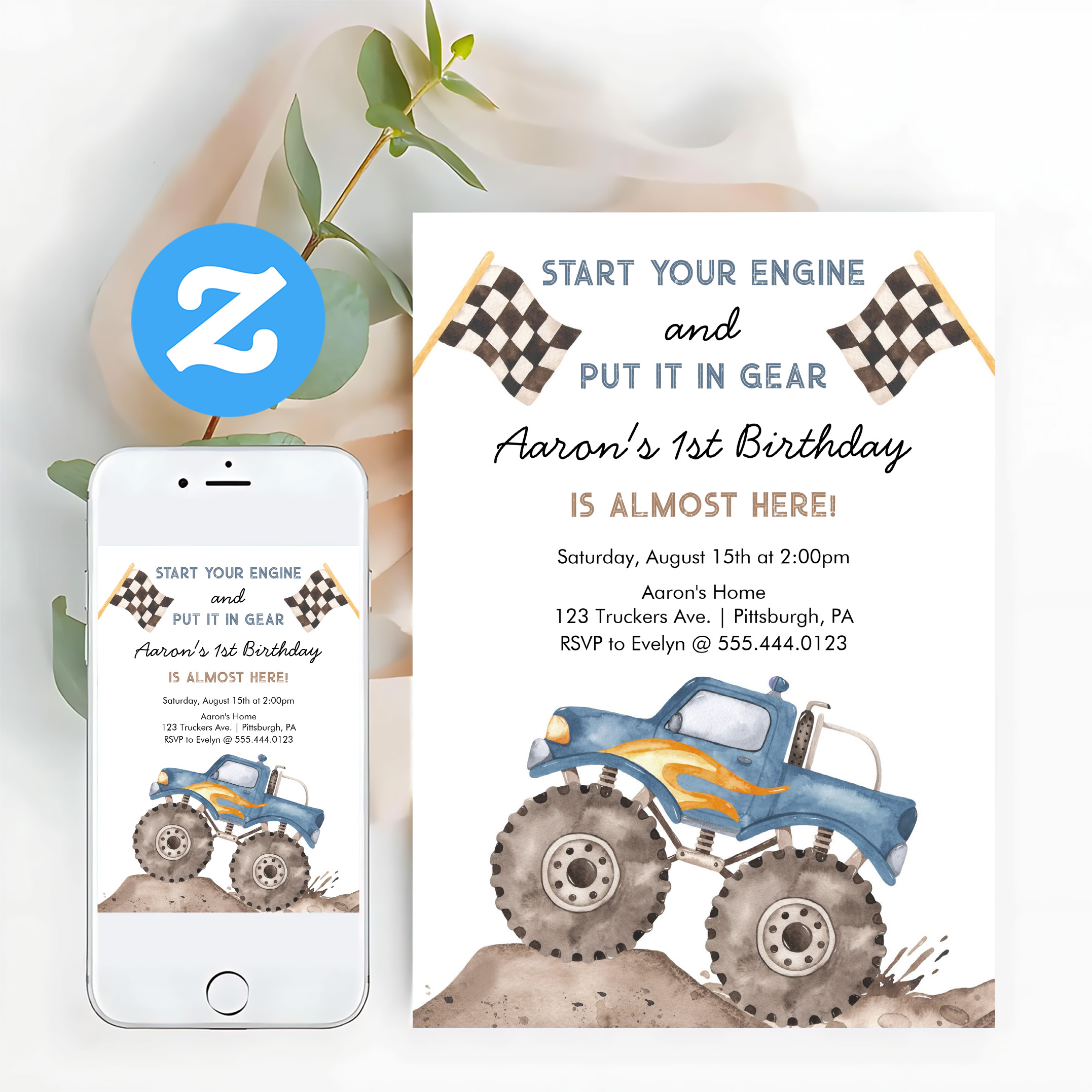 Monster Truck Start Your Engine Boys 1st Birthday Invitation - Image 12