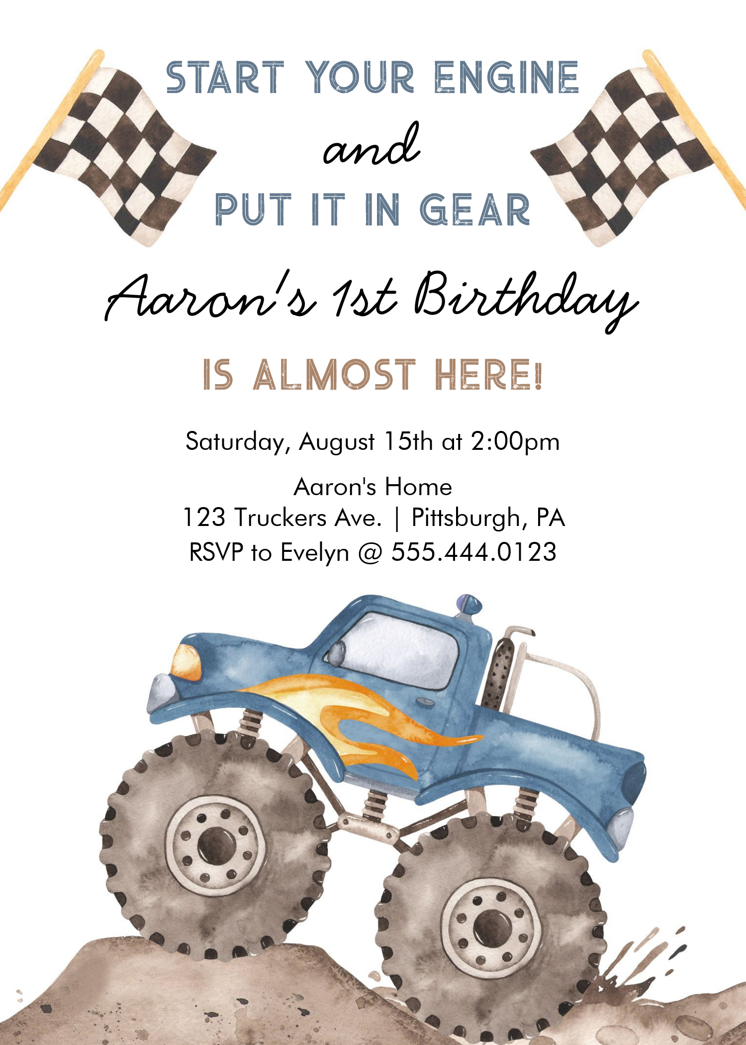 Monster Truck Start Your Engine Boys 1st Birthday Invitation