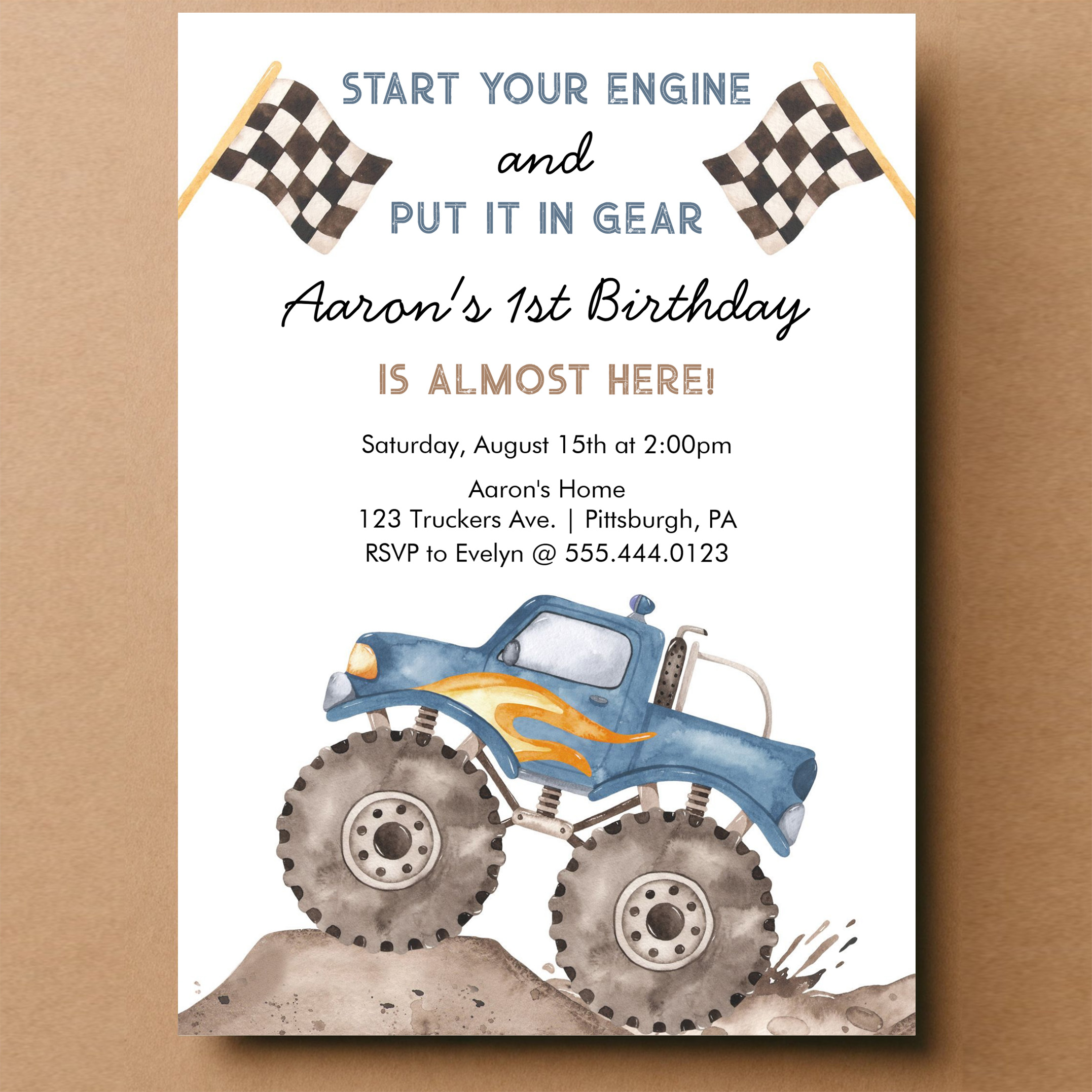 Monster Truck Start Your Engine Boys 1st Birthday Invitation - Image 14