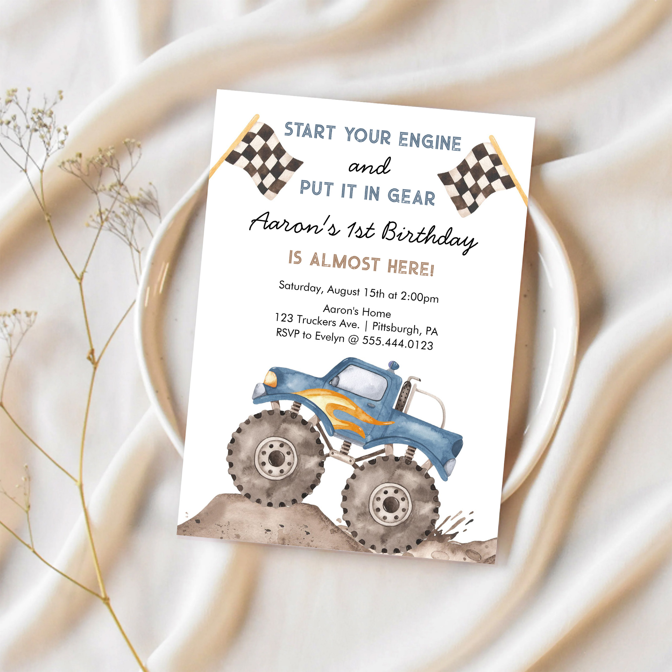 Monster Truck Start Your Engine Boys 1st Birthday Invitation - Image 2