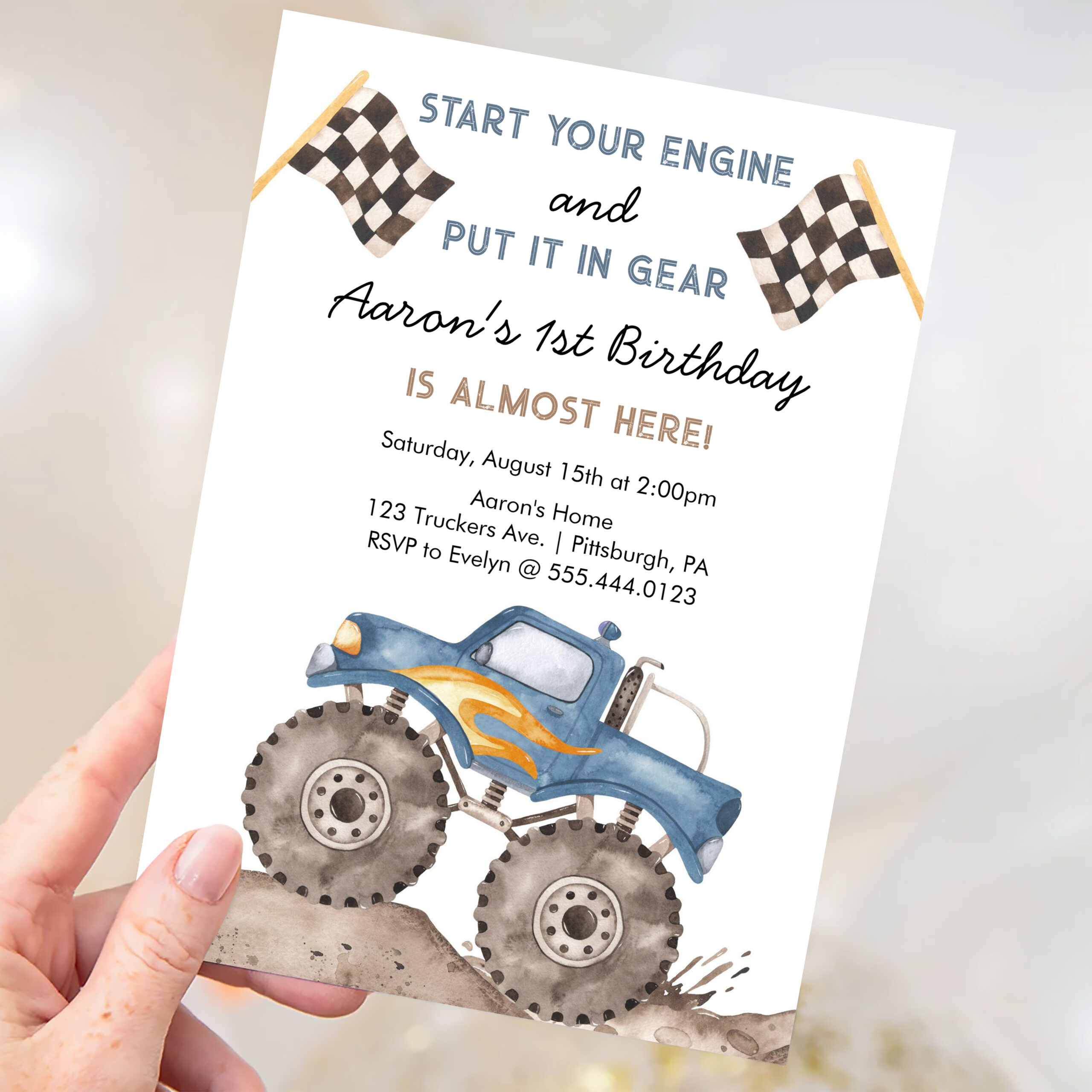Monster Truck Start Your Engine Boys 1st Birthday Invitation - Image 3