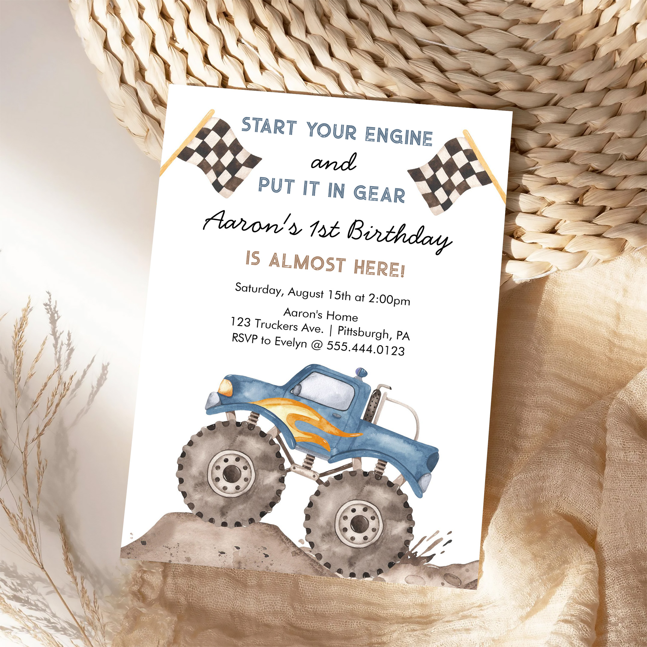 Monster Truck Start Your Engine Boys 1st Birthday Invitation - Image 4