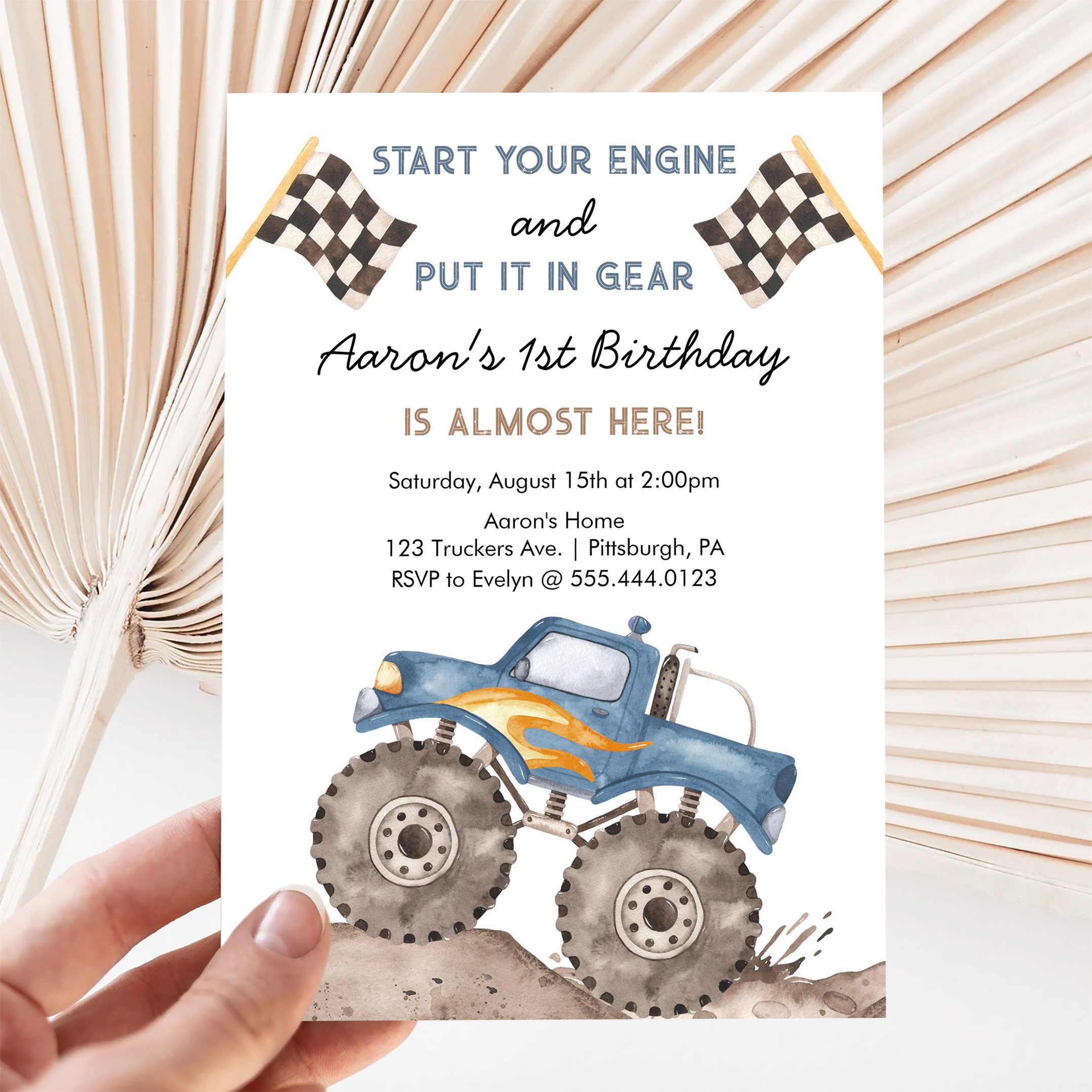 Monster Truck Start Your Engine Boys 1st Birthday Invitation - Image 5
