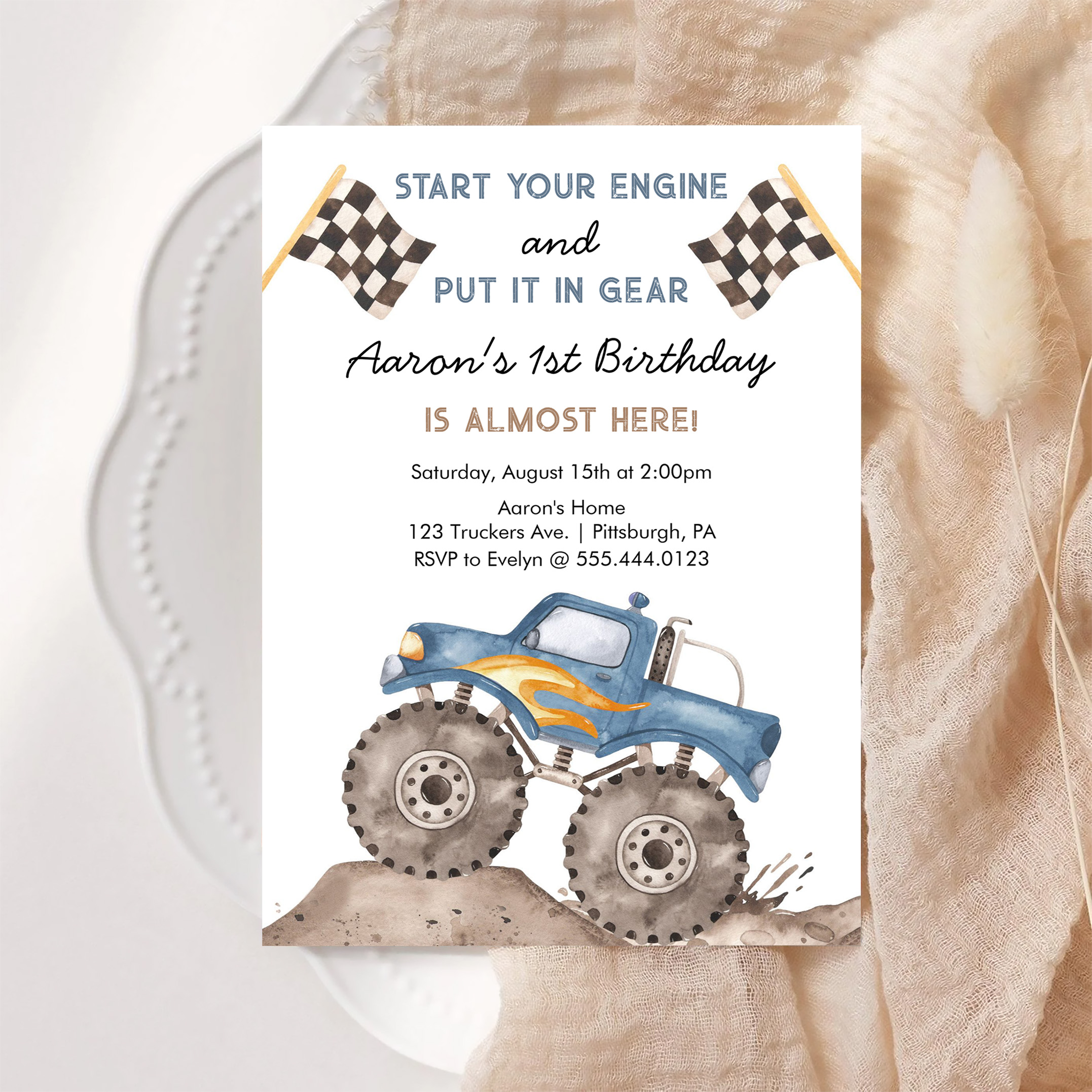 Monster Truck Start Your Engine Boys 1st Birthday Invitation - Image 6