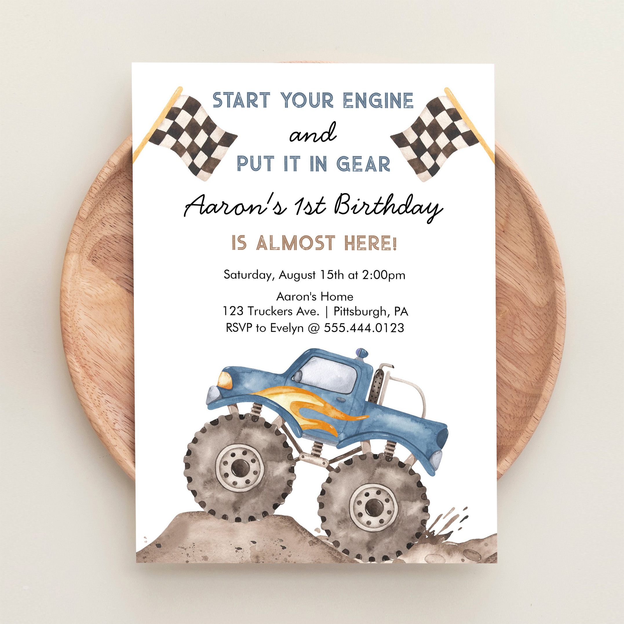 Monster Truck Start Your Engine Boys 1st Birthday Invitation - Image 7