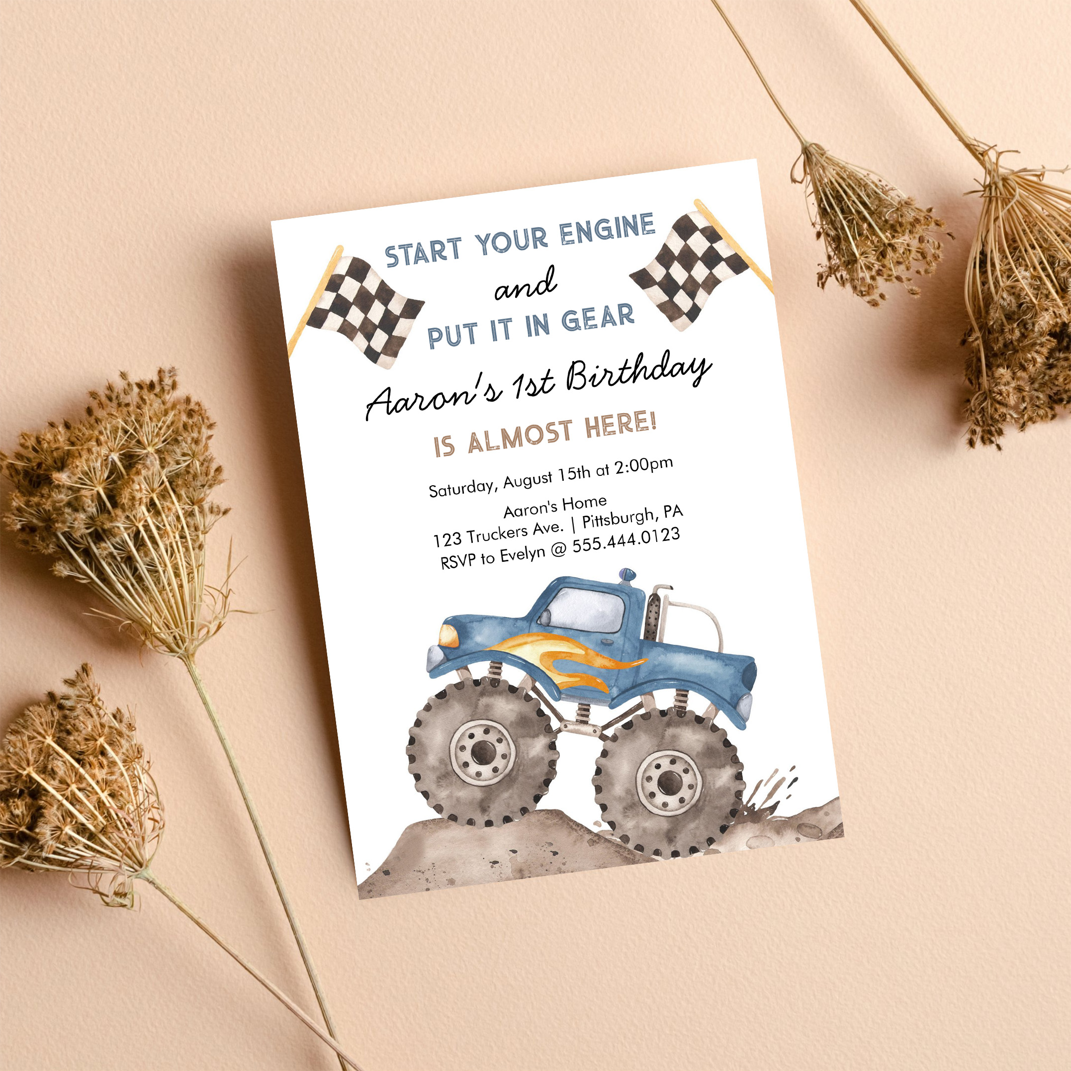 Monster Truck Start Your Engine Boys 1st Birthday Invitation - Image 8