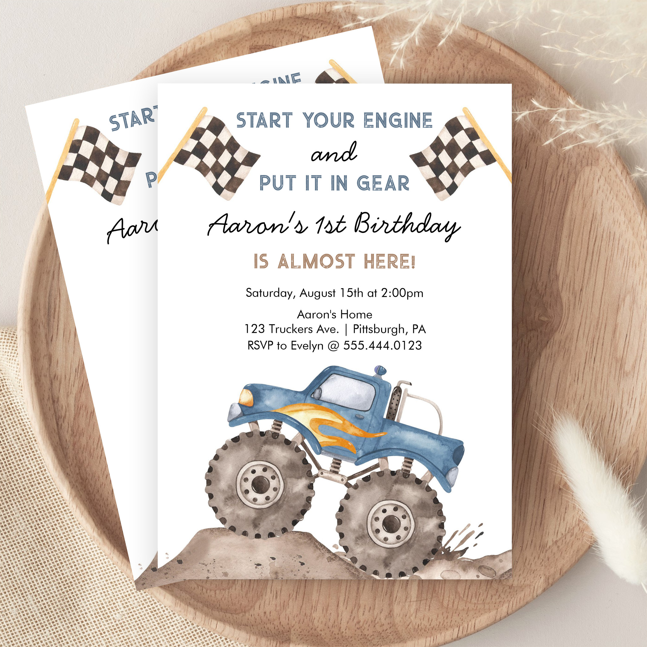Monster Truck Start Your Engine Boys 1st Birthday Invitation - Image 9