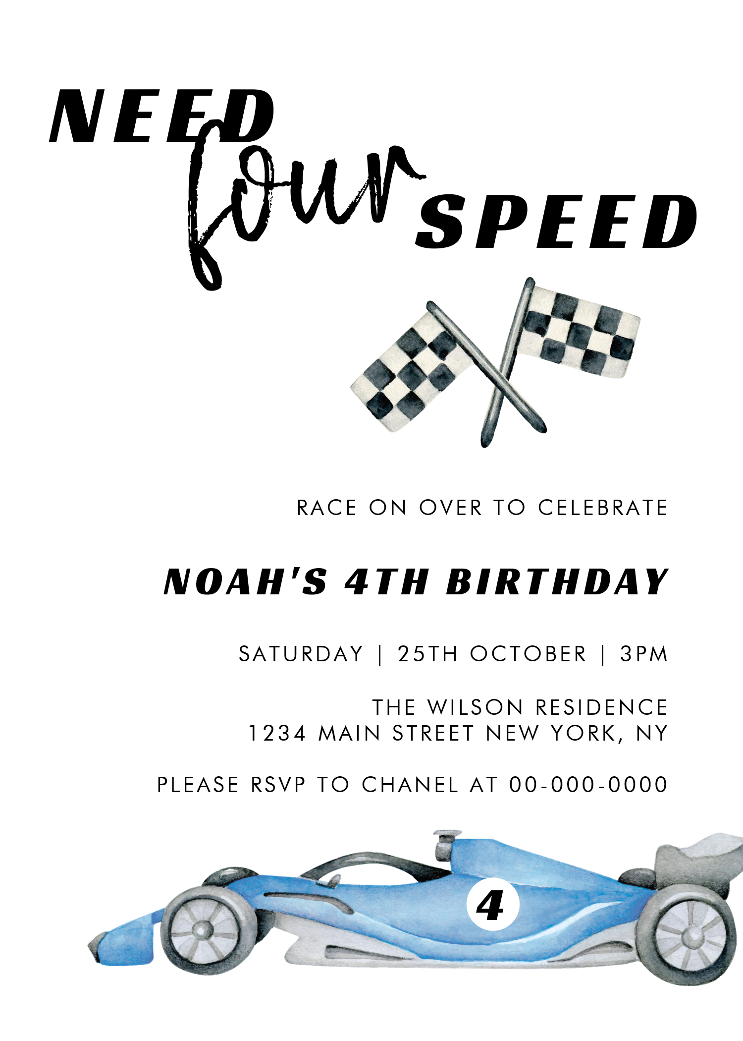 Need Four Speed Red Race Car 4th Birthday Invitation