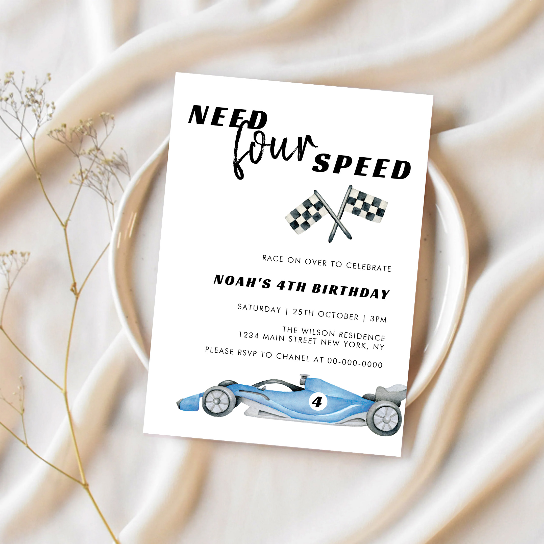 Need Four Speed Red Race Car 4th Birthday Invitation - Image 2