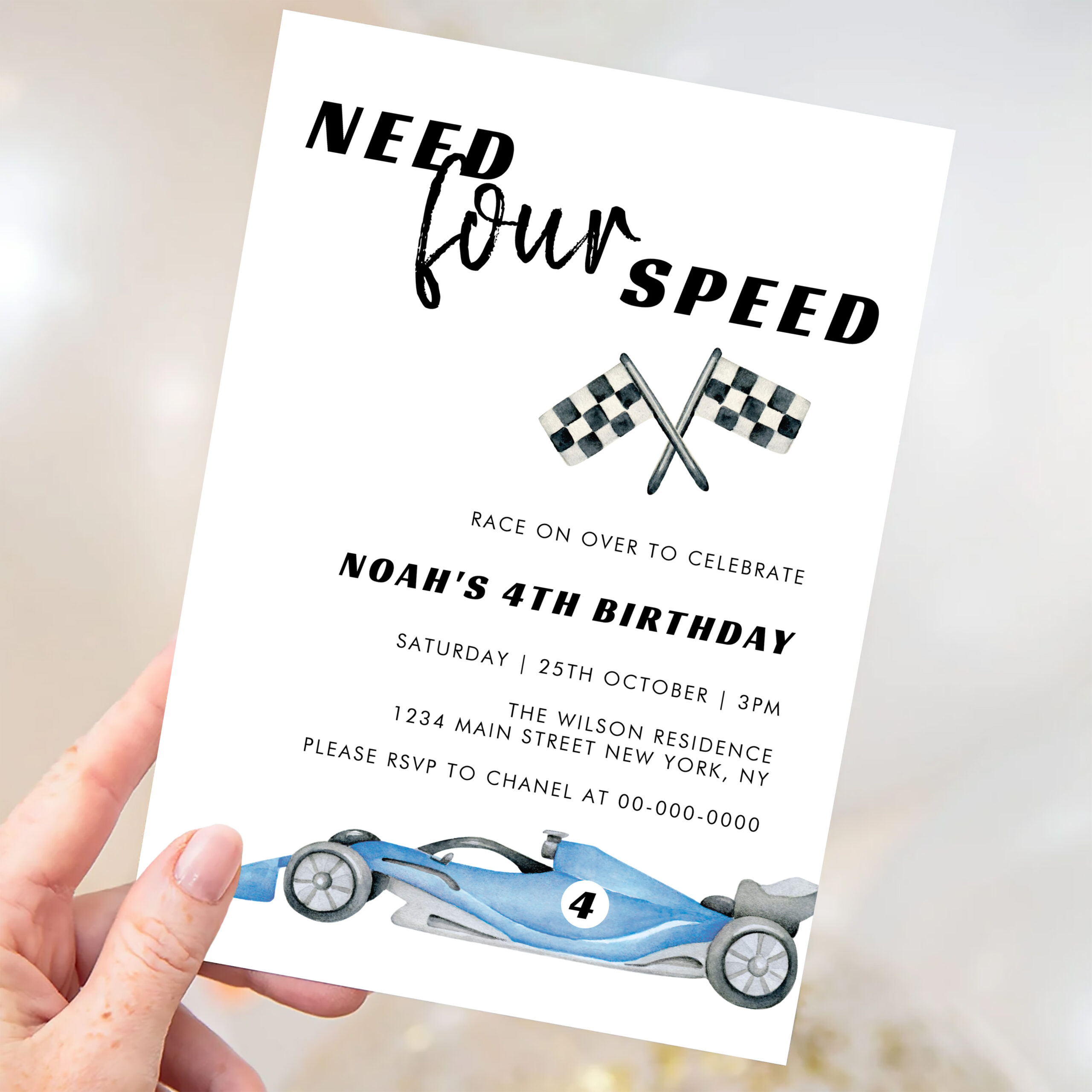 Need Four Speed Red Race Car 4th Birthday Invitation - Image 3