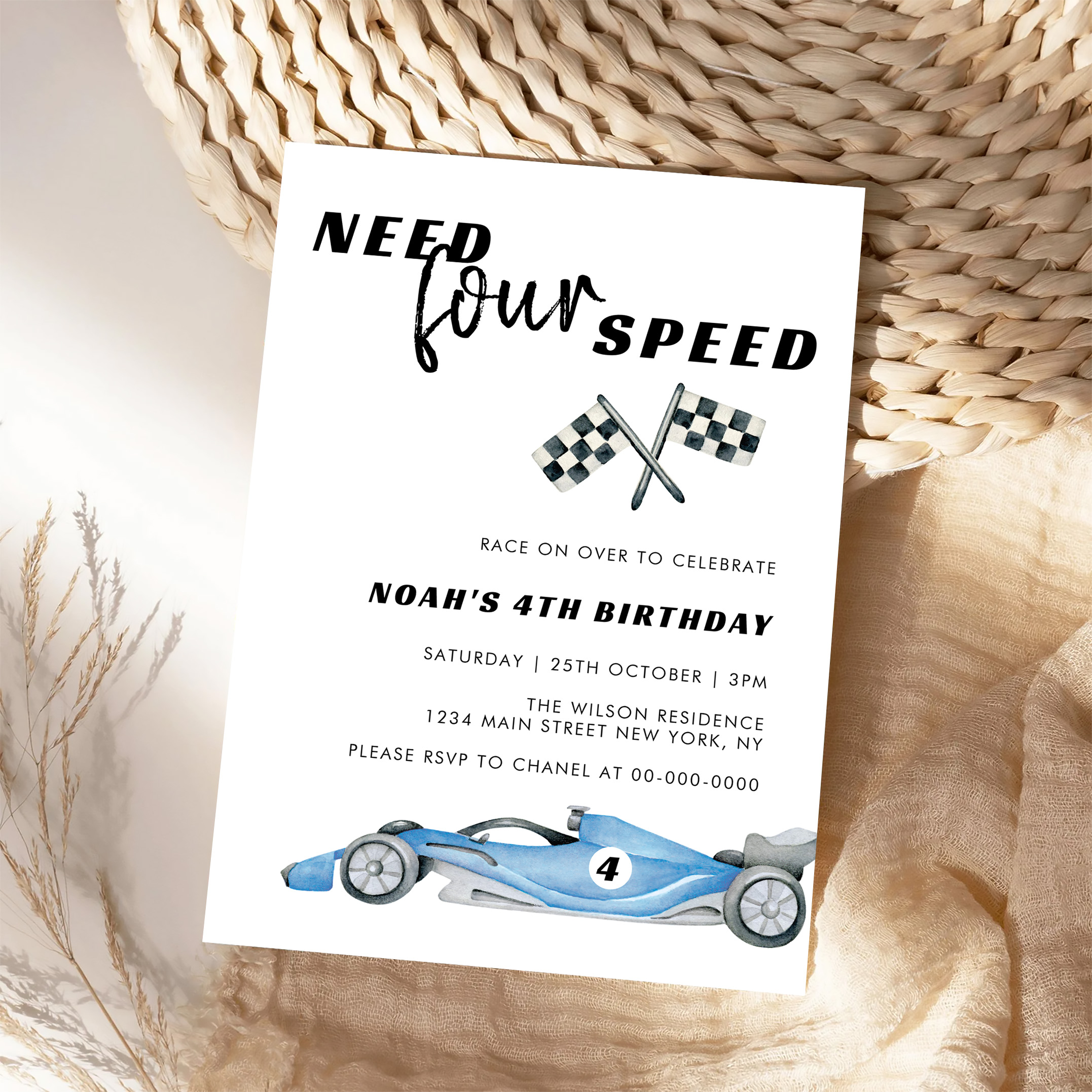 Need Four Speed Red Race Car 4th Birthday Invitation - Image 4