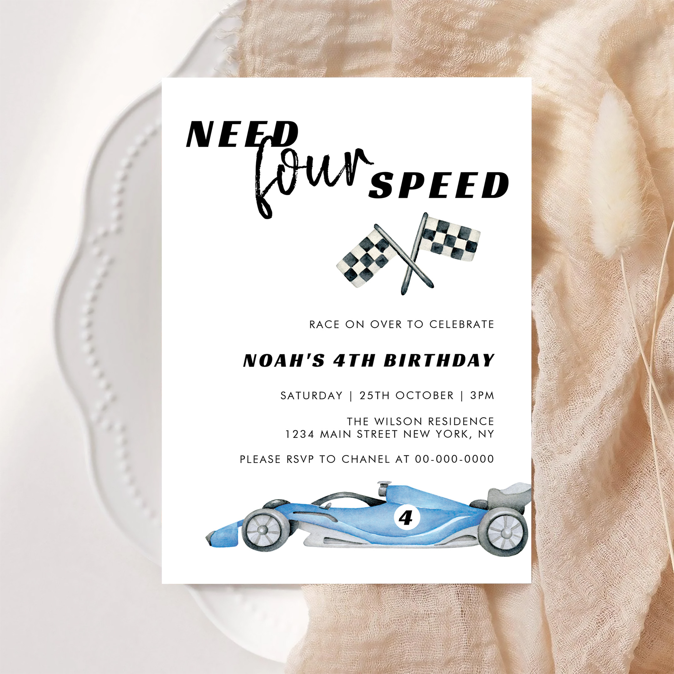 Need Four Speed Red Race Car 4th Birthday Invitation - Image 6