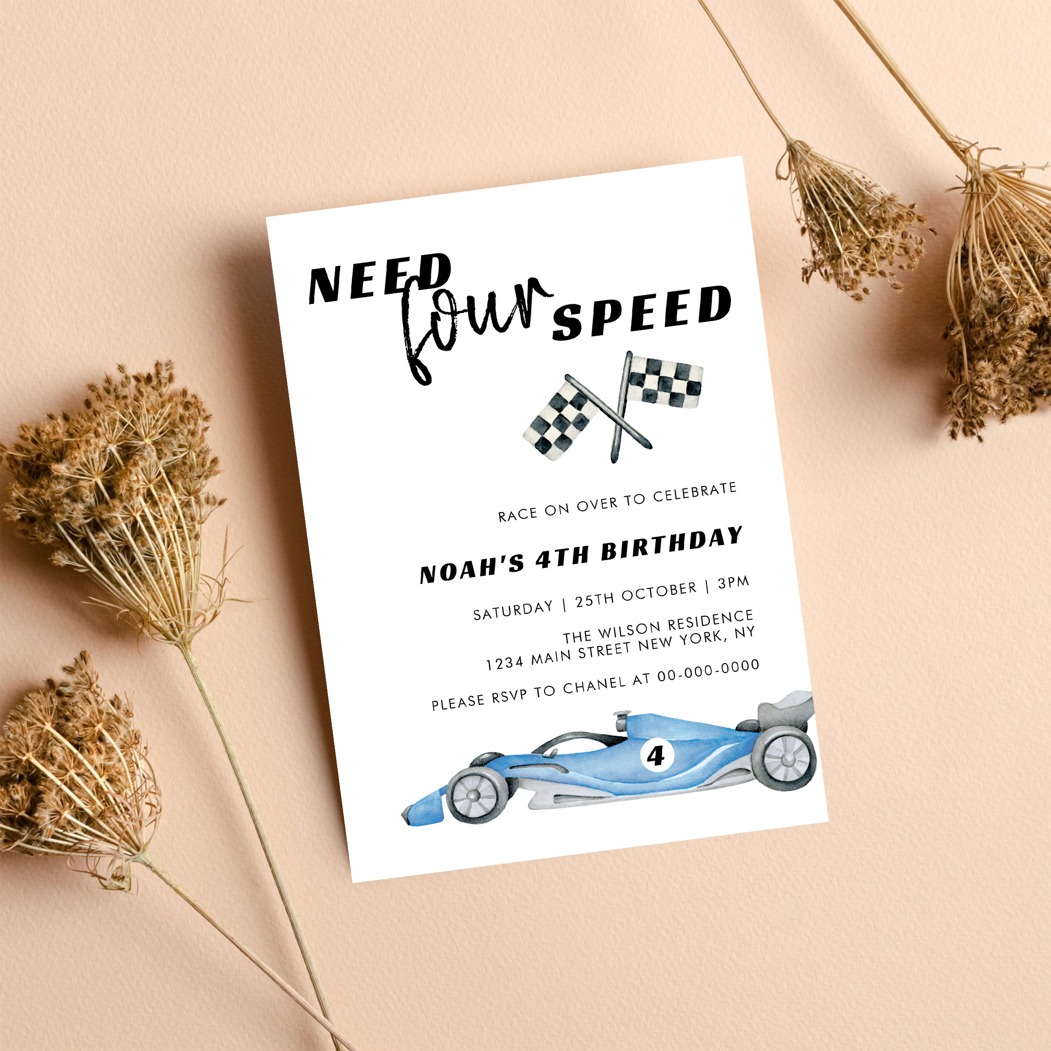Need Four Speed Red Race Car 4th Birthday Invitation - Image 8