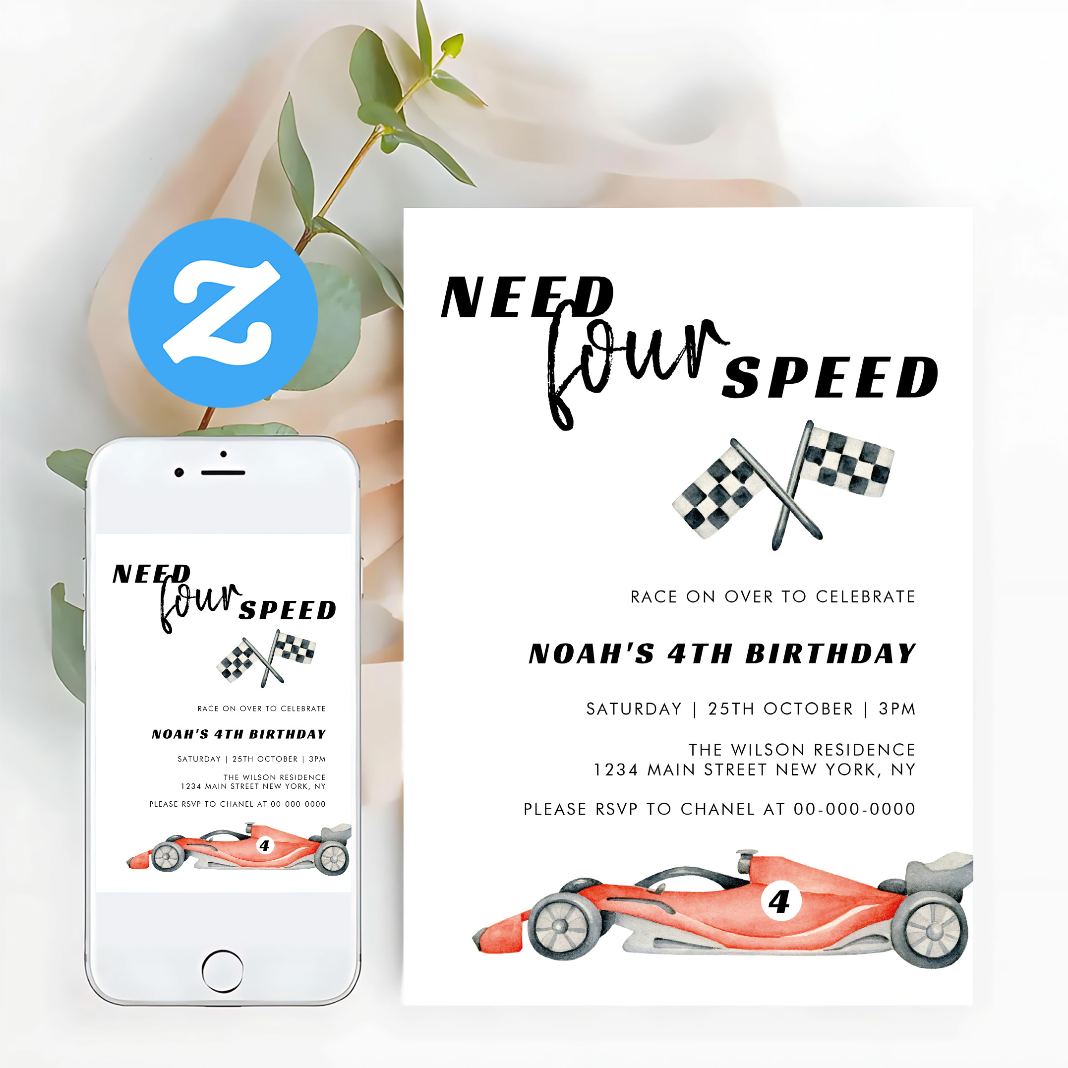 Need Four Speed Red Race Car 4th Birthday Invitation - Image 12