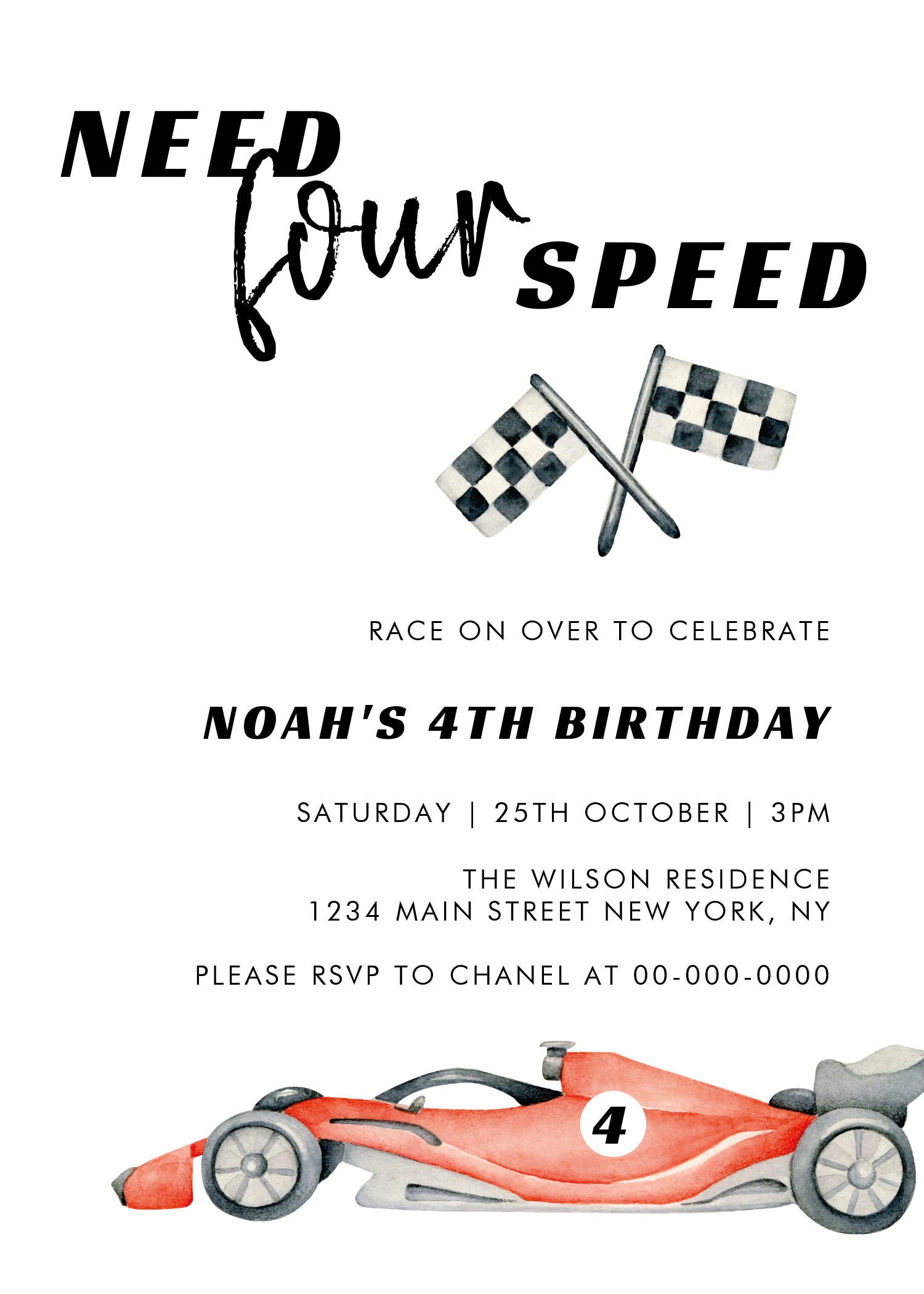Need Four Speed Red Race Car 4th Birthday Invitation