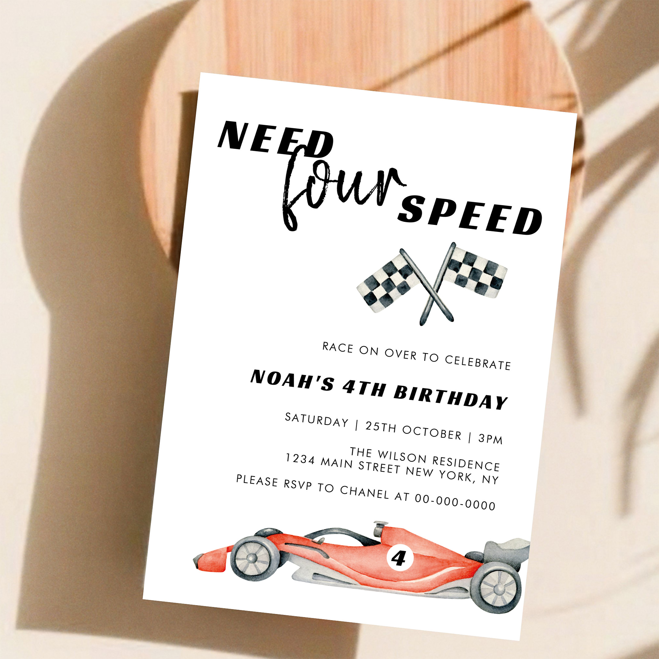 Need Four Speed Red Race Car 4th Birthday Invitation - Image 11