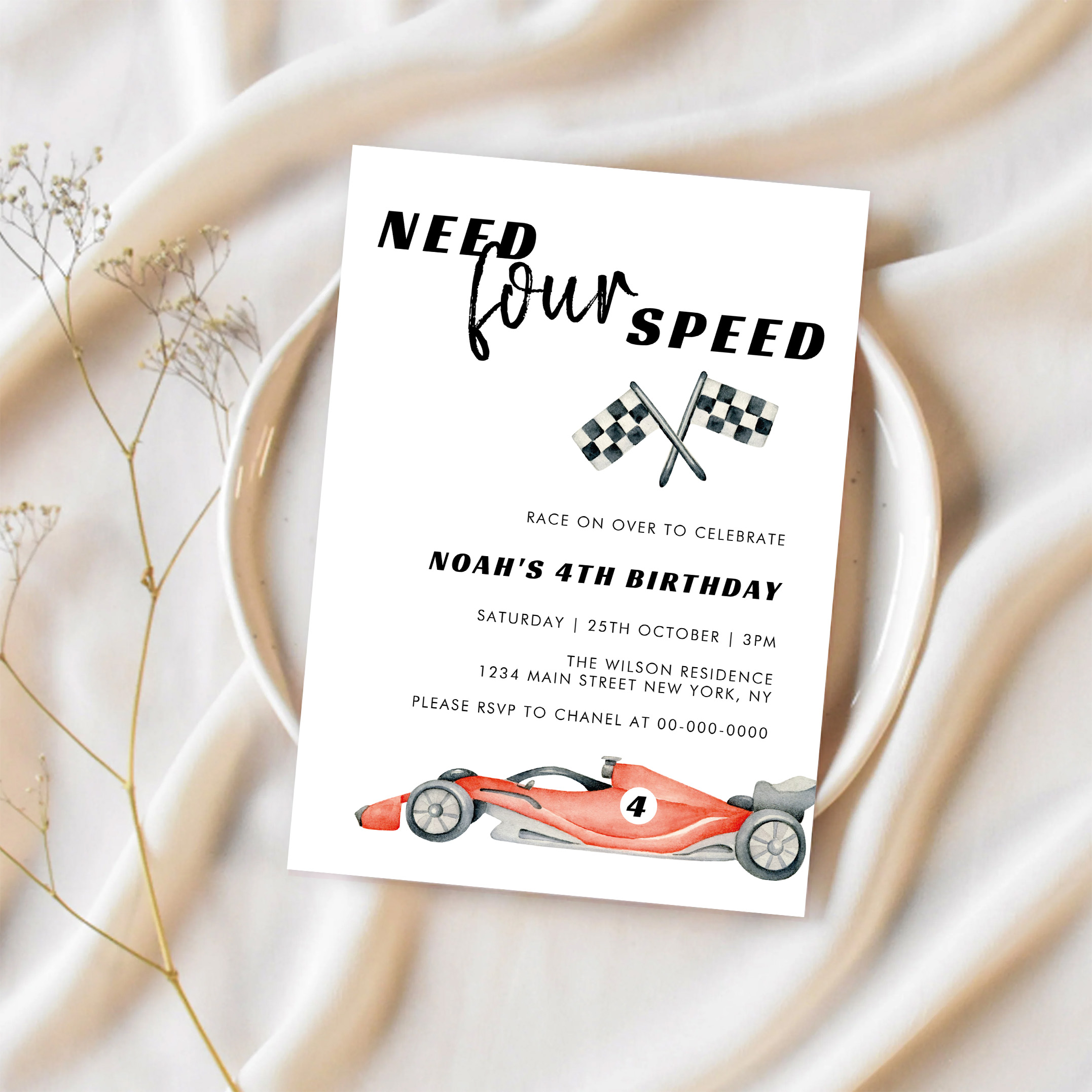 Need Four Speed Red Race Car 4th Birthday Invitation - Image 2