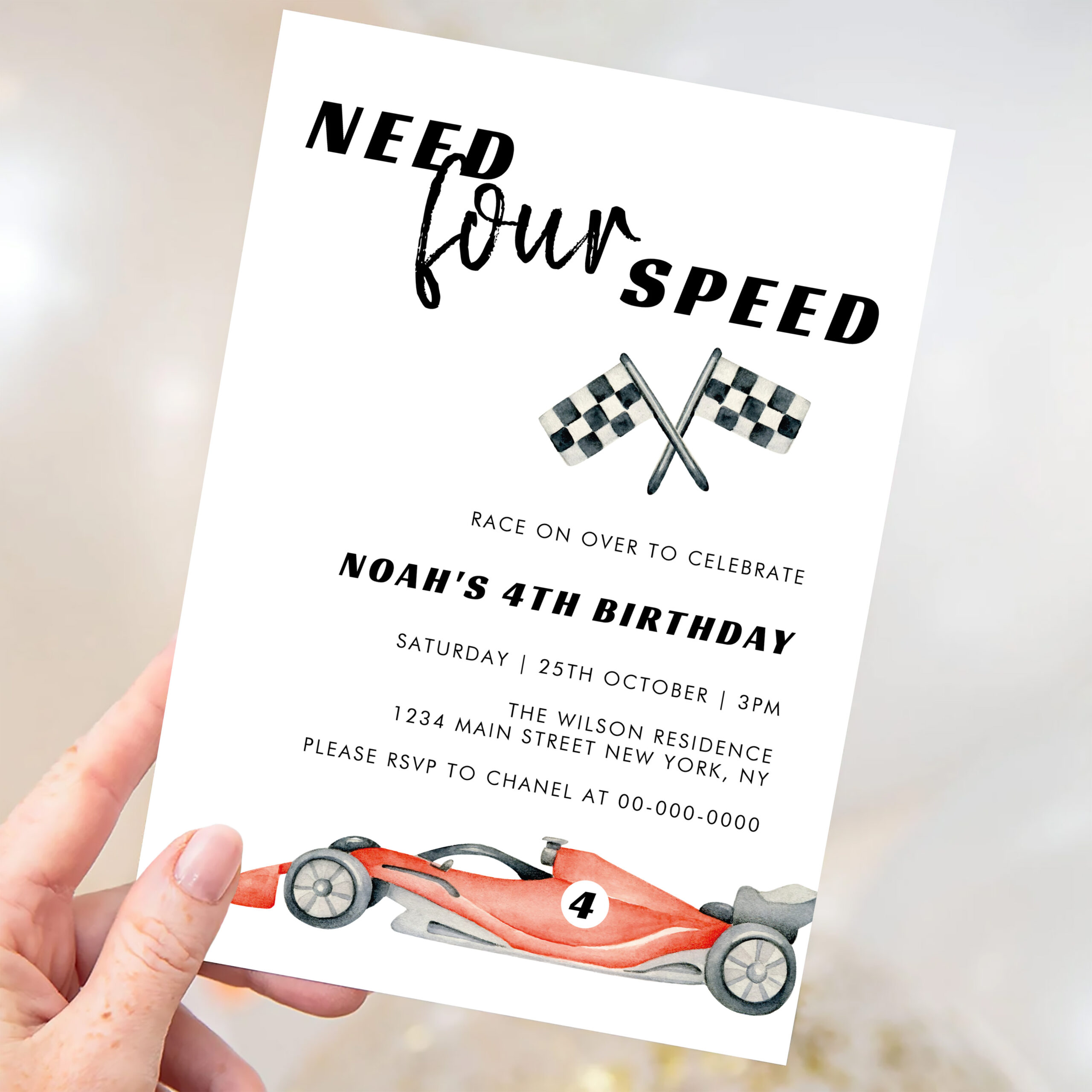 Need Four Speed Red Race Car 4th Birthday Invitation - Image 3