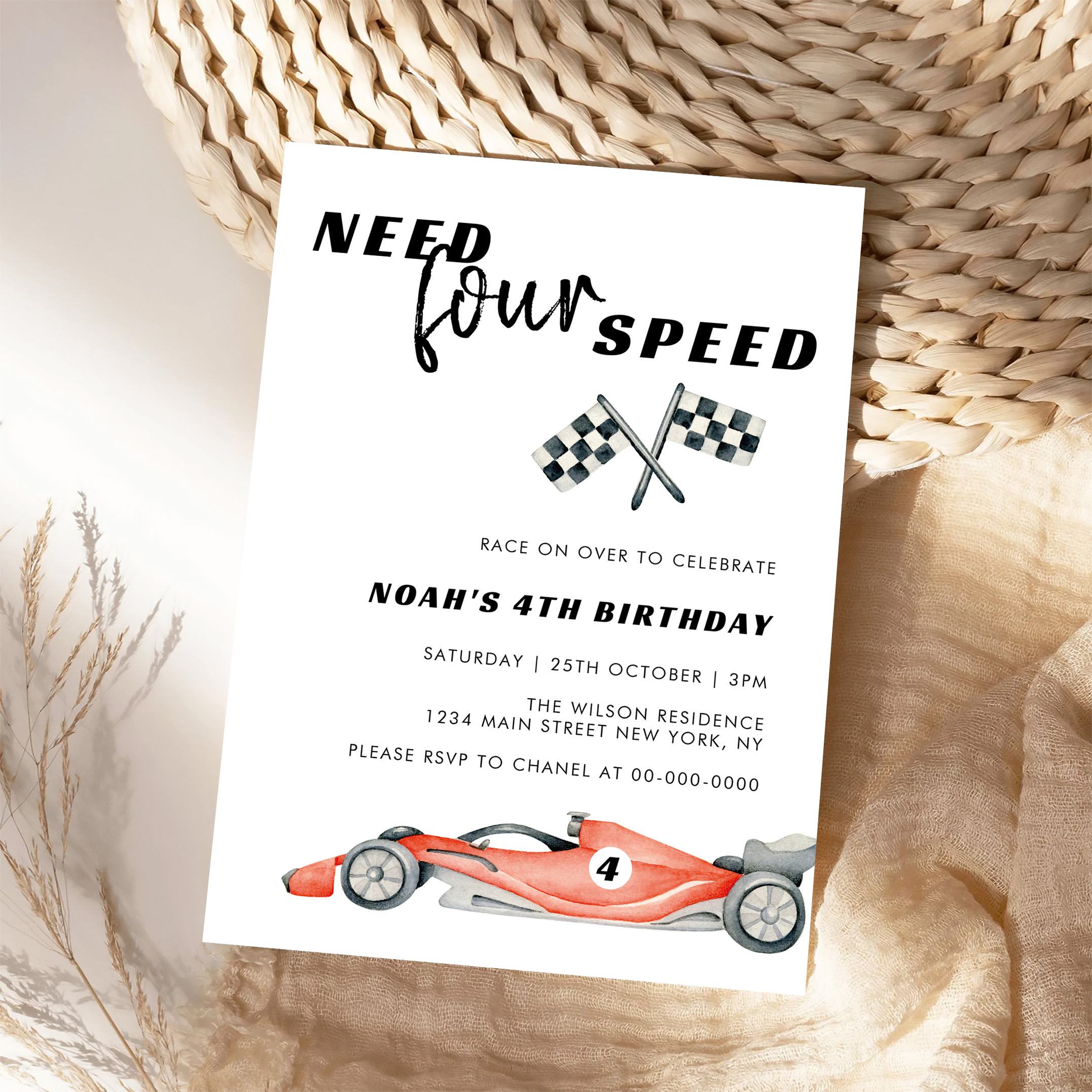 Need Four Speed Red Race Car 4th Birthday Invitation - Image 4