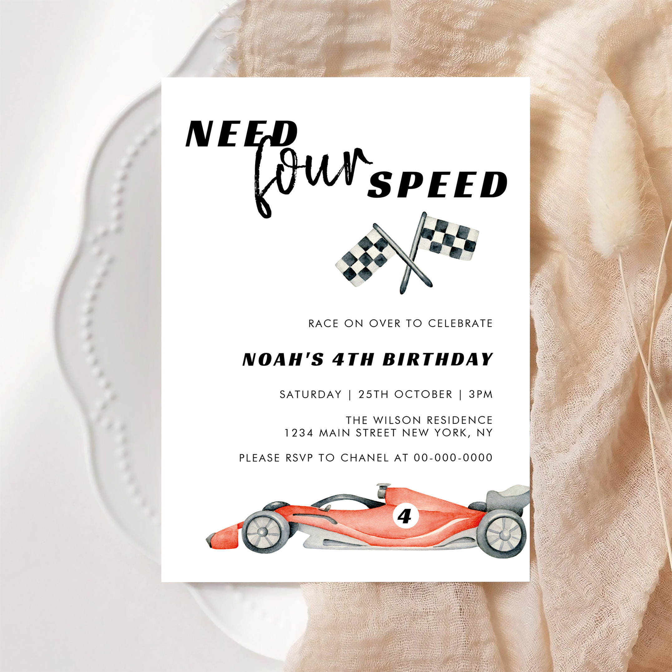 Need Four Speed Red Race Car 4th Birthday Invitation - Image 6