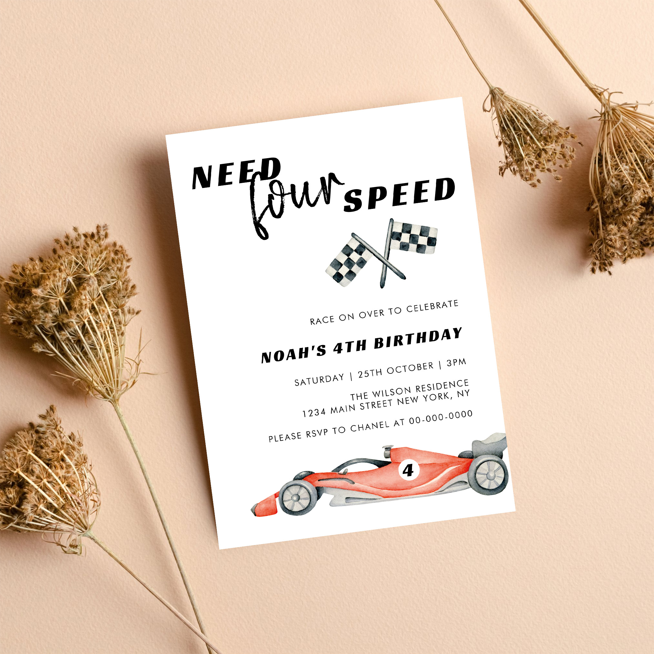 Need Four Speed Red Race Car 4th Birthday Invitation - Image 8