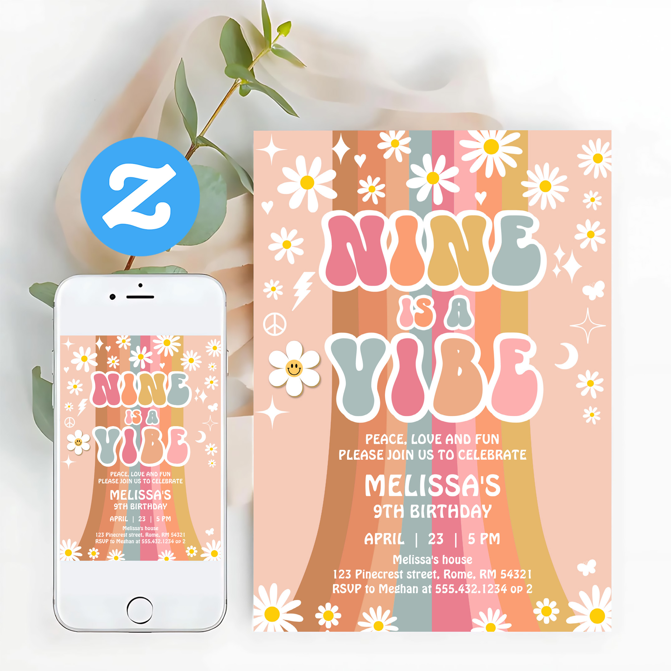 Nine Is A Vibe Rainbow Groovy 9th Birthday Invitation - Image 12