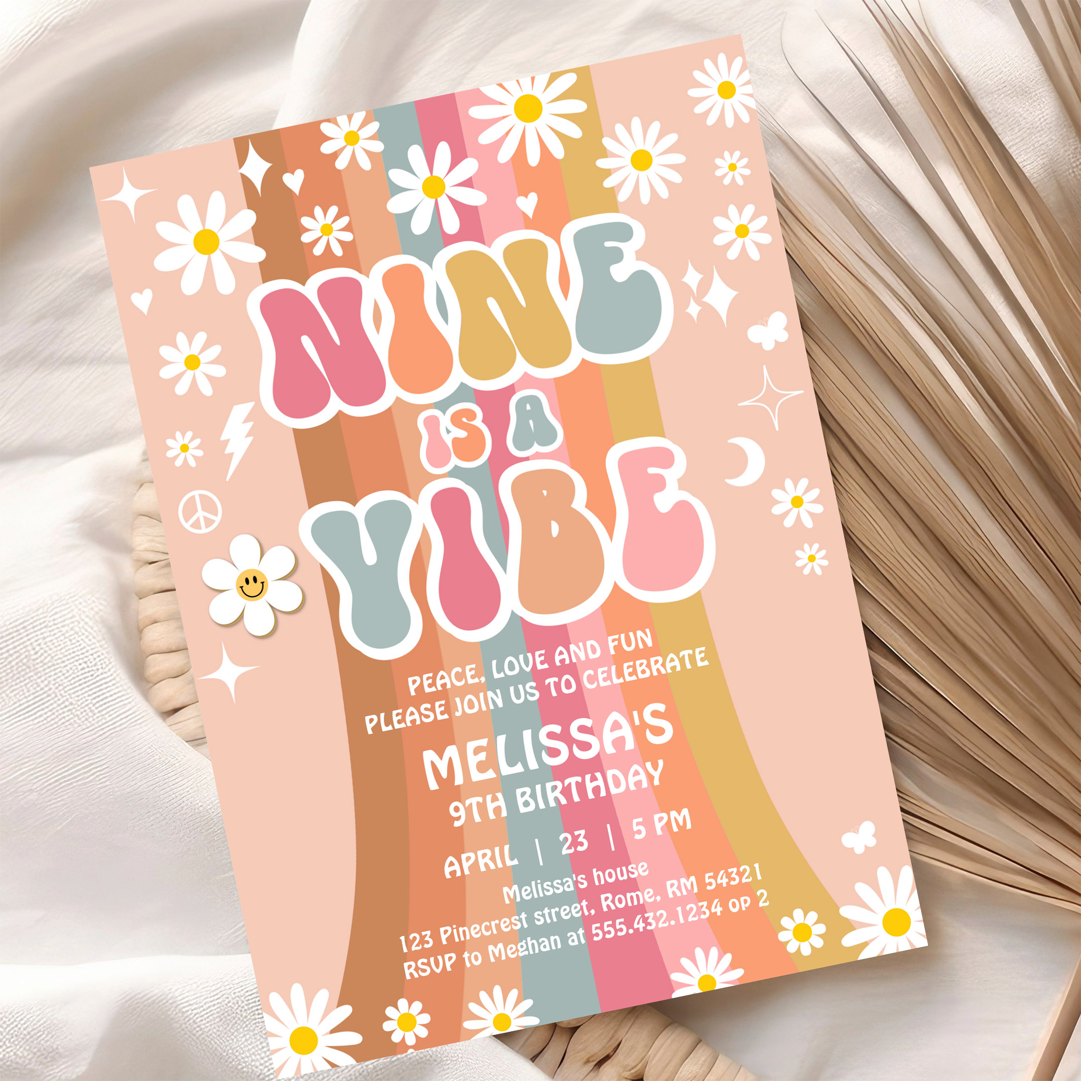 Nine Is A Vibe Rainbow Groovy 9th Birthday Invitation - Image 10