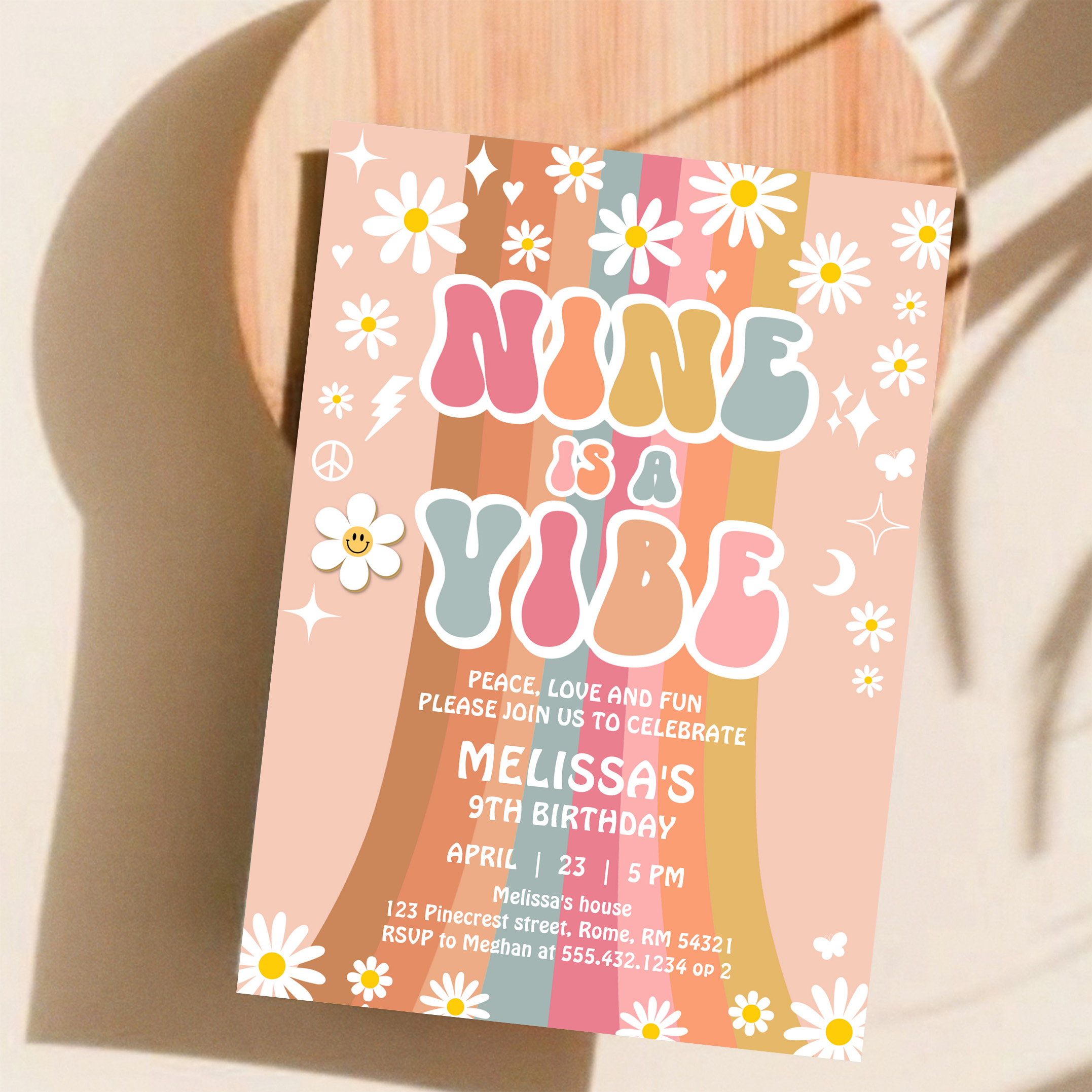 Nine Is A Vibe Rainbow Groovy 9th Birthday Invitation - Image 11