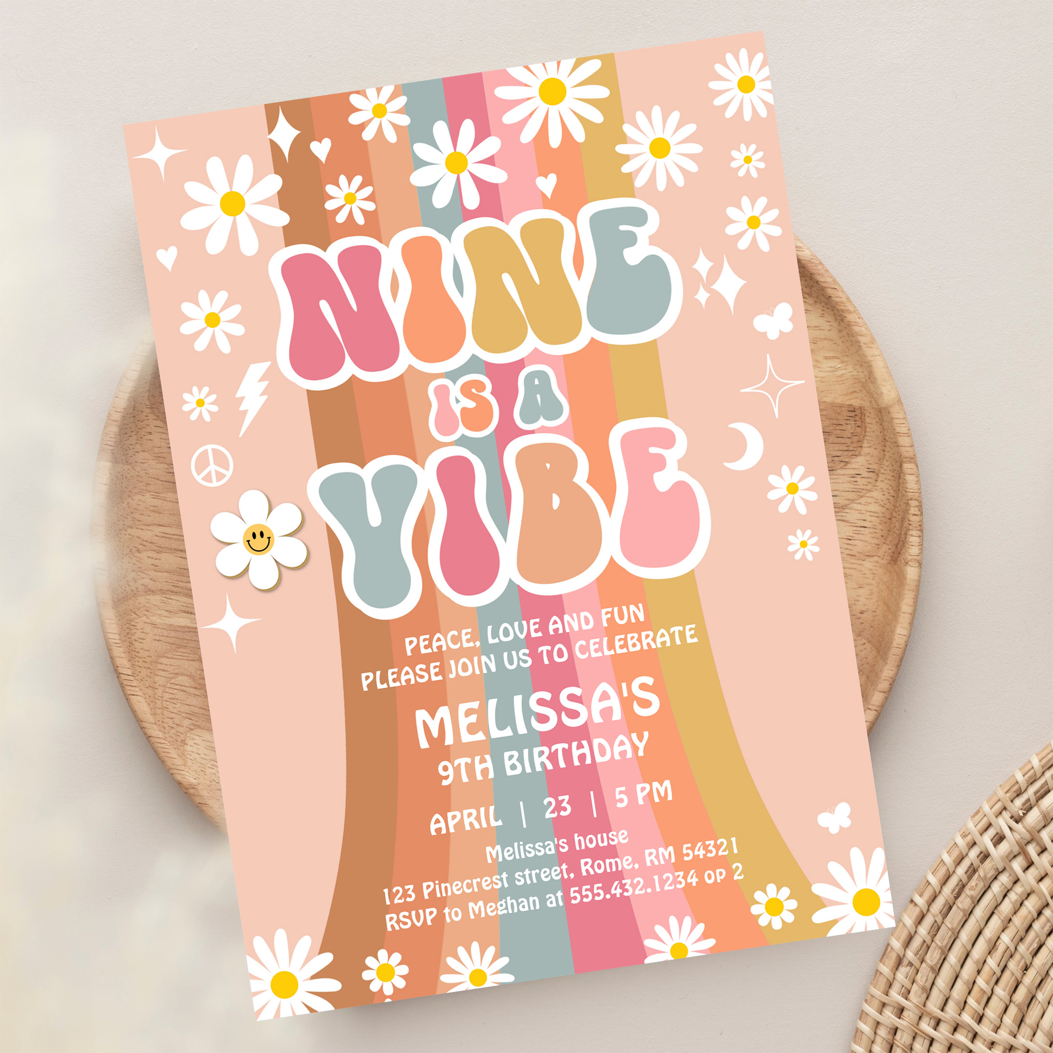 Nine Is A Vibe Rainbow Groovy 9th Birthday Invitation - Image 13