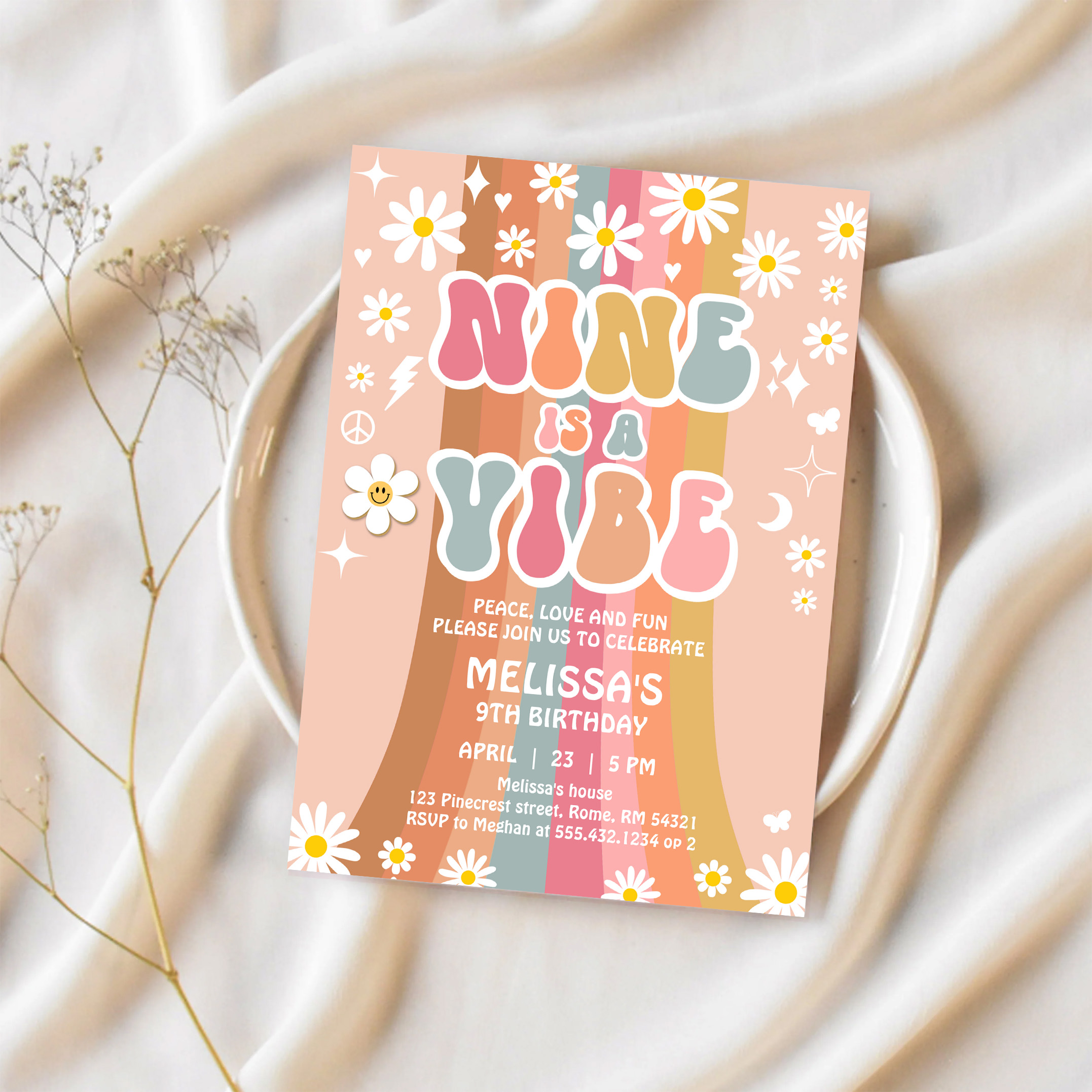 Nine Is A Vibe Rainbow Groovy 9th Birthday Invitation - Image 2