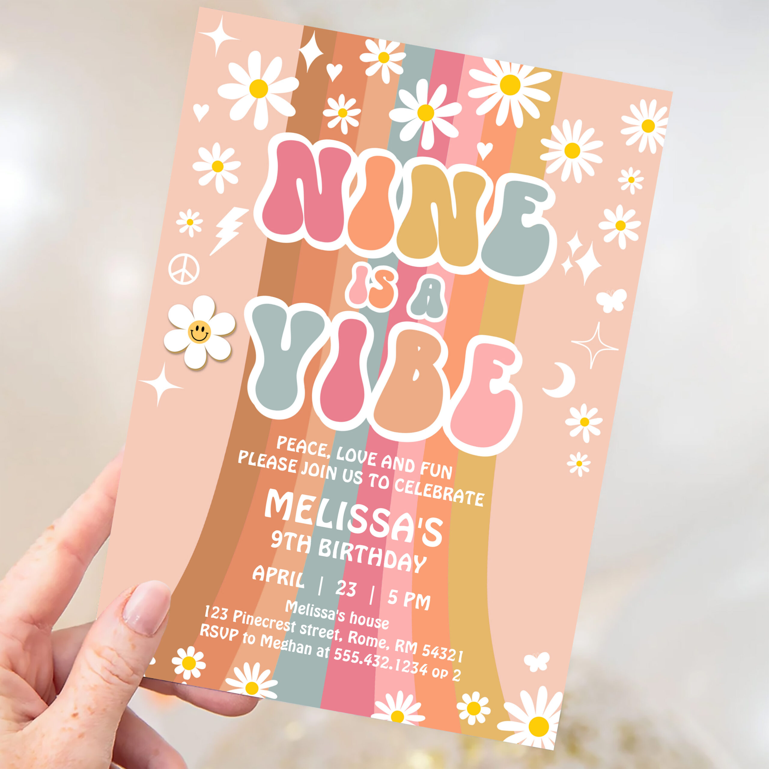 Nine Is A Vibe Rainbow Groovy 9th Birthday Invitation - Image 3