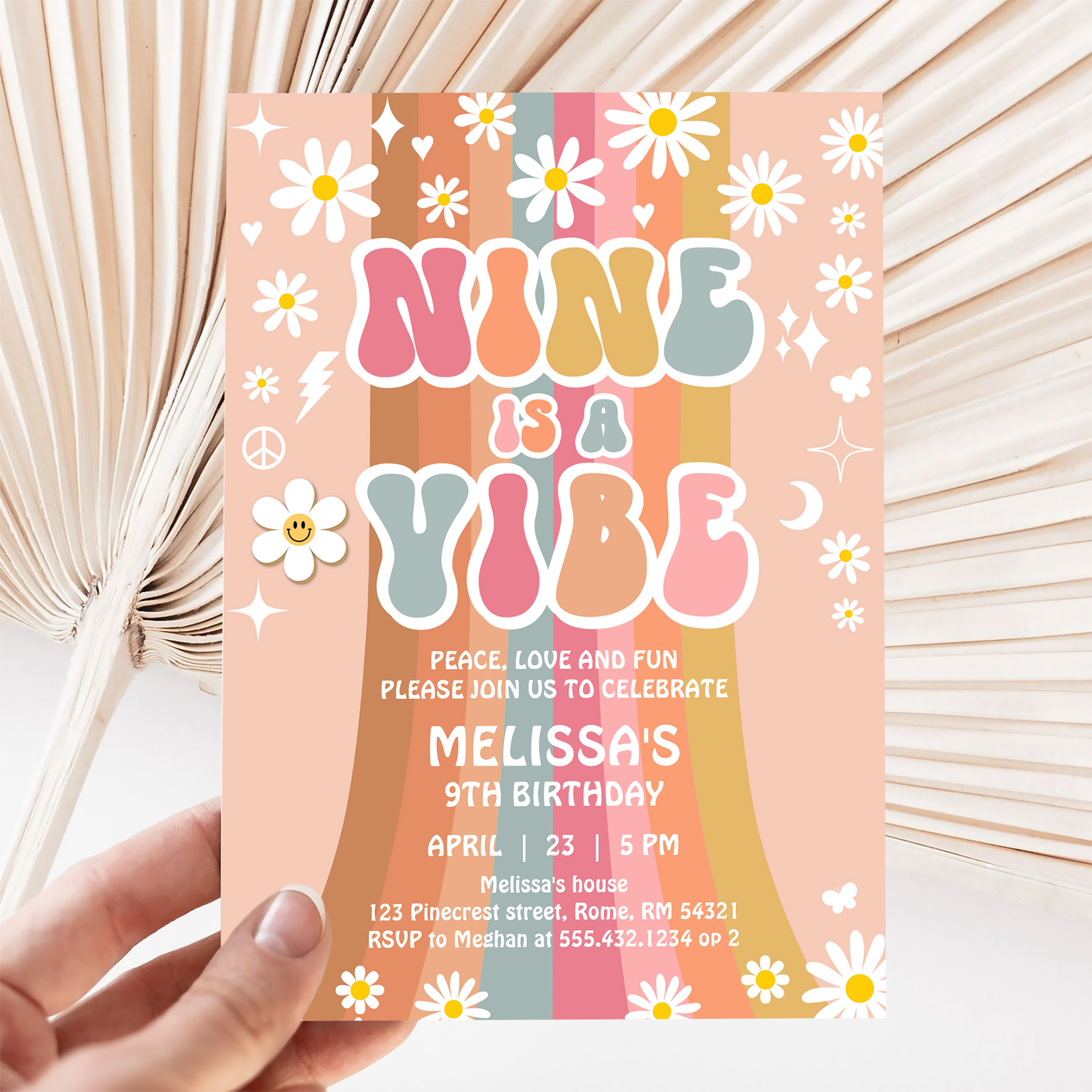 Nine Is A Vibe Rainbow Groovy 9th Birthday Invitation - Image 5