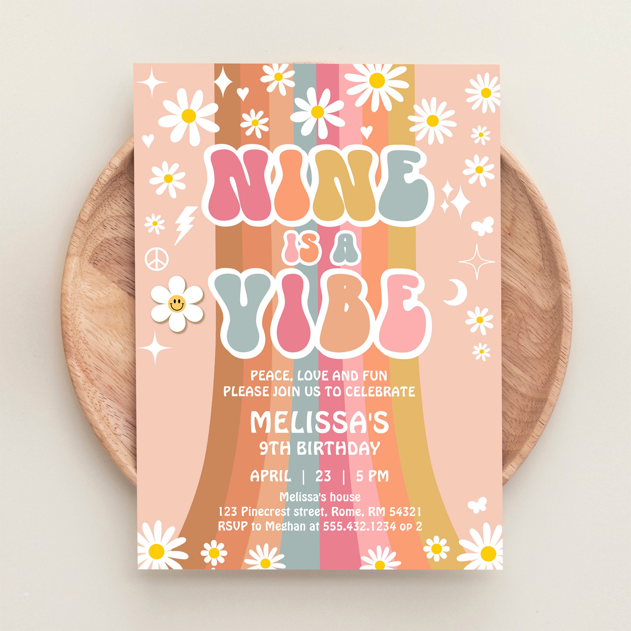 Nine Is A Vibe Rainbow Groovy 9th Birthday Invitation - Image 7