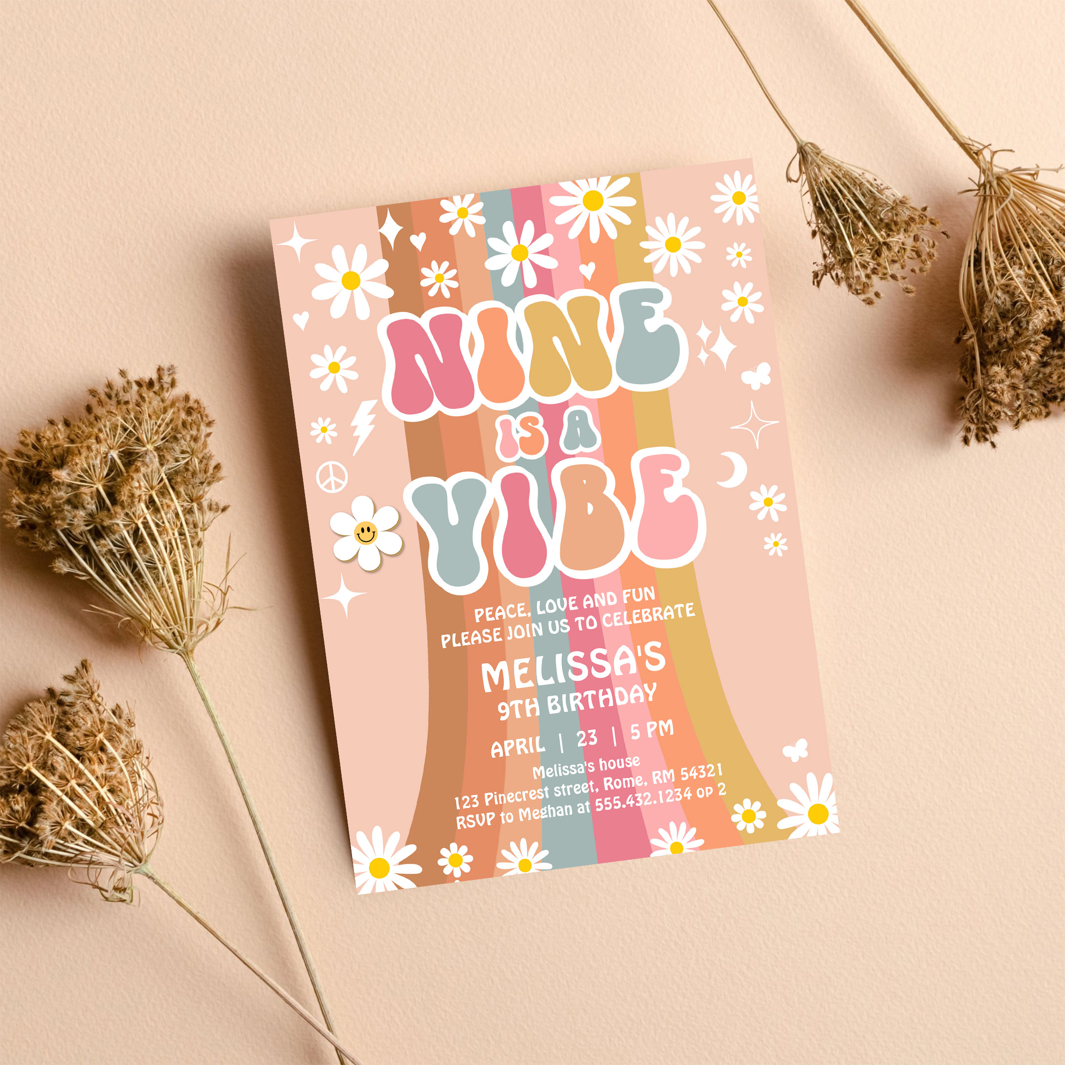 Nine Is A Vibe Rainbow Groovy 9th Birthday Invitation - Image 8