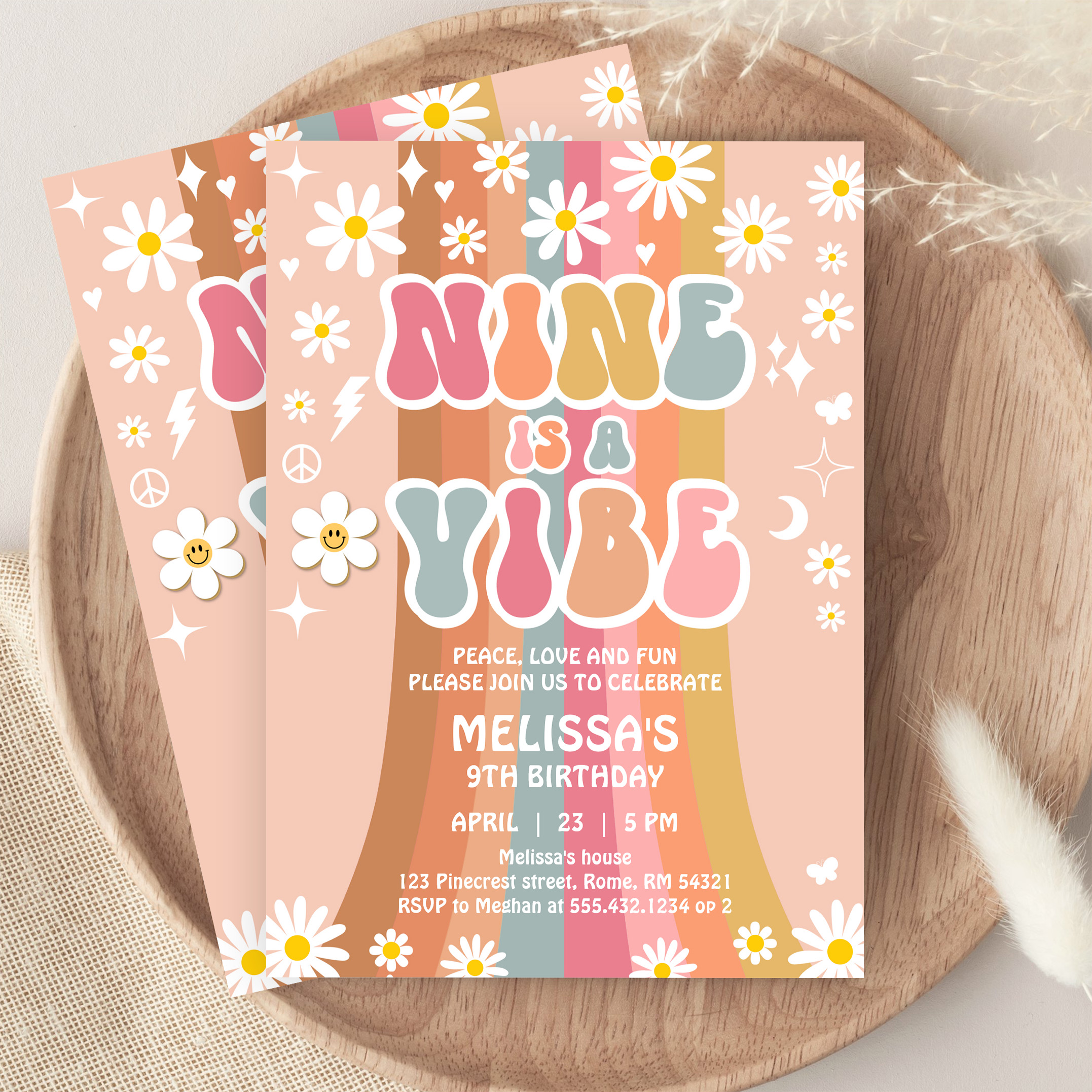 Nine Is A Vibe Rainbow Groovy 9th Birthday Invitation - Image 9