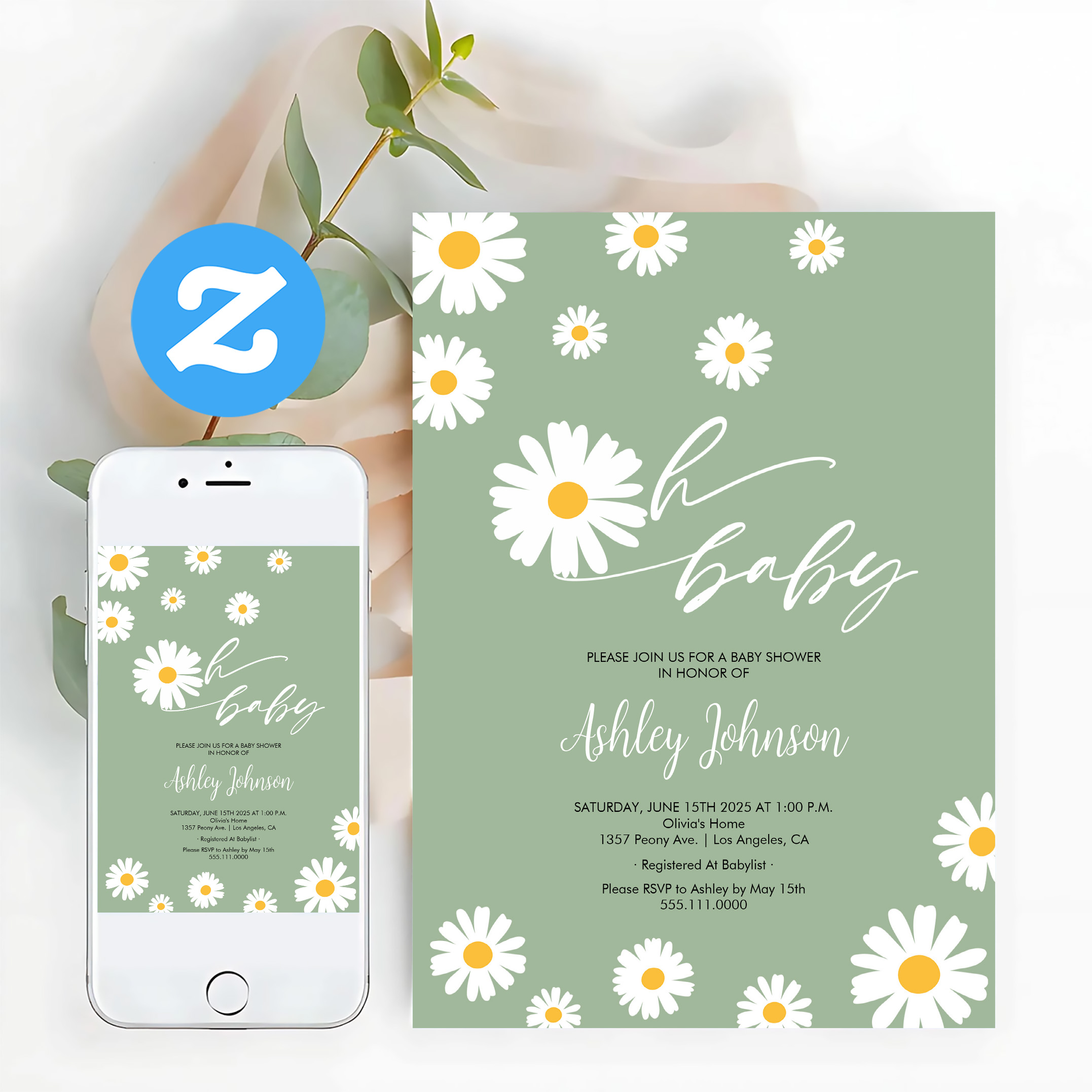 Oh Baby Floral Retro Sage Green Daisy Baby Shower Invitation - Image 12