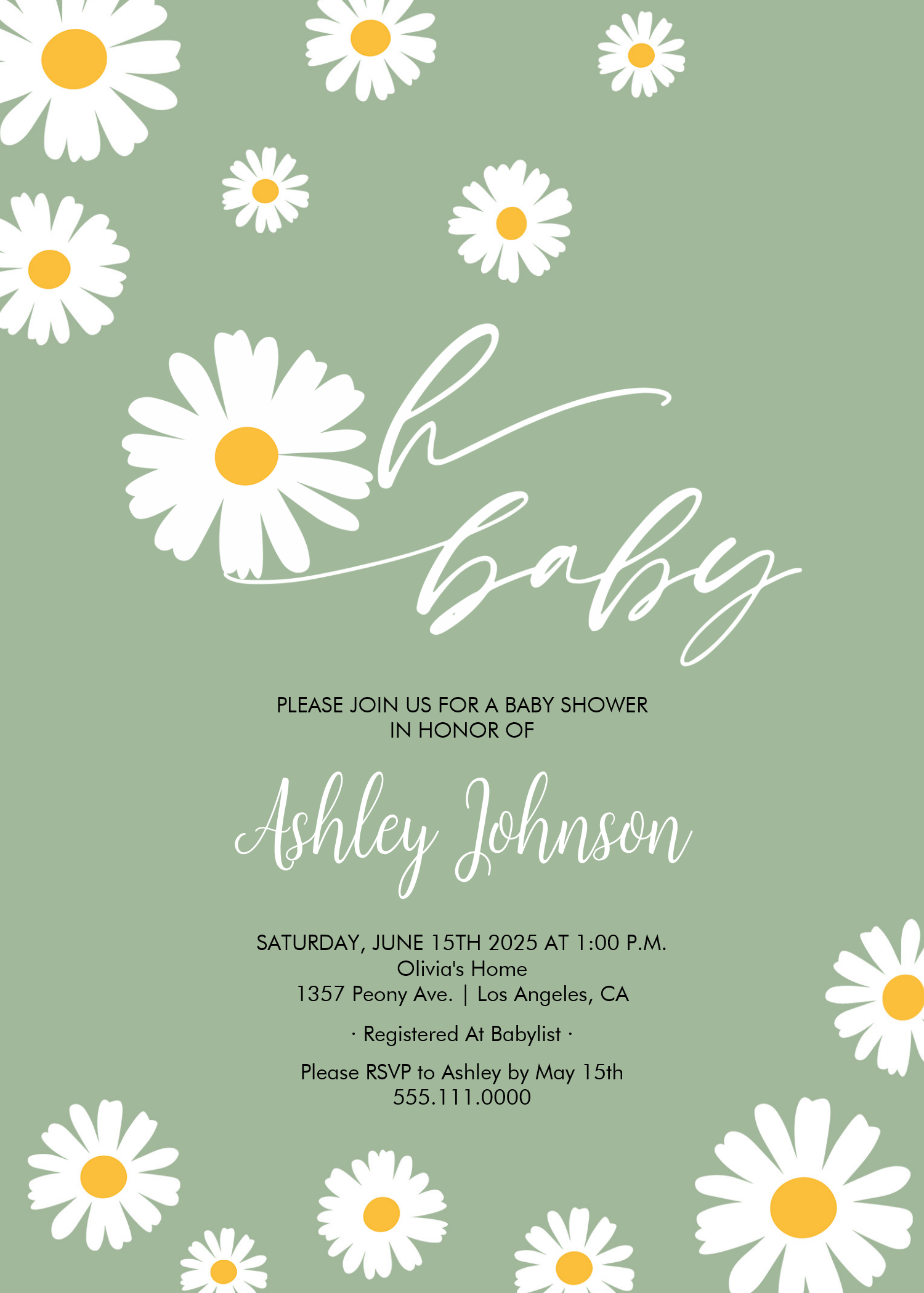 Oh Baby Floral Retro Sage Green Daisy Baby Shower Invitation