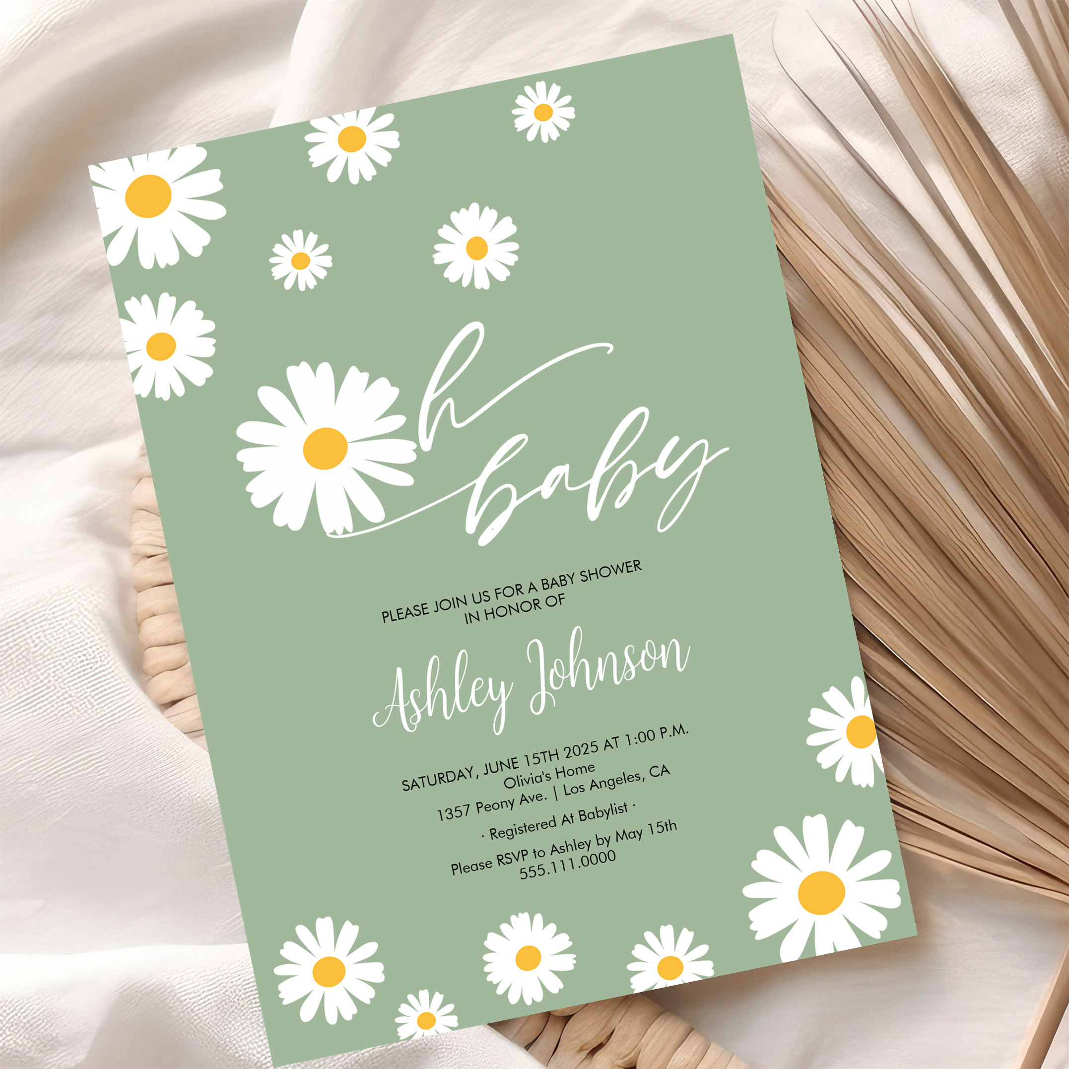Oh Baby Floral Retro Sage Green Daisy Baby Shower Invitation - Image 10