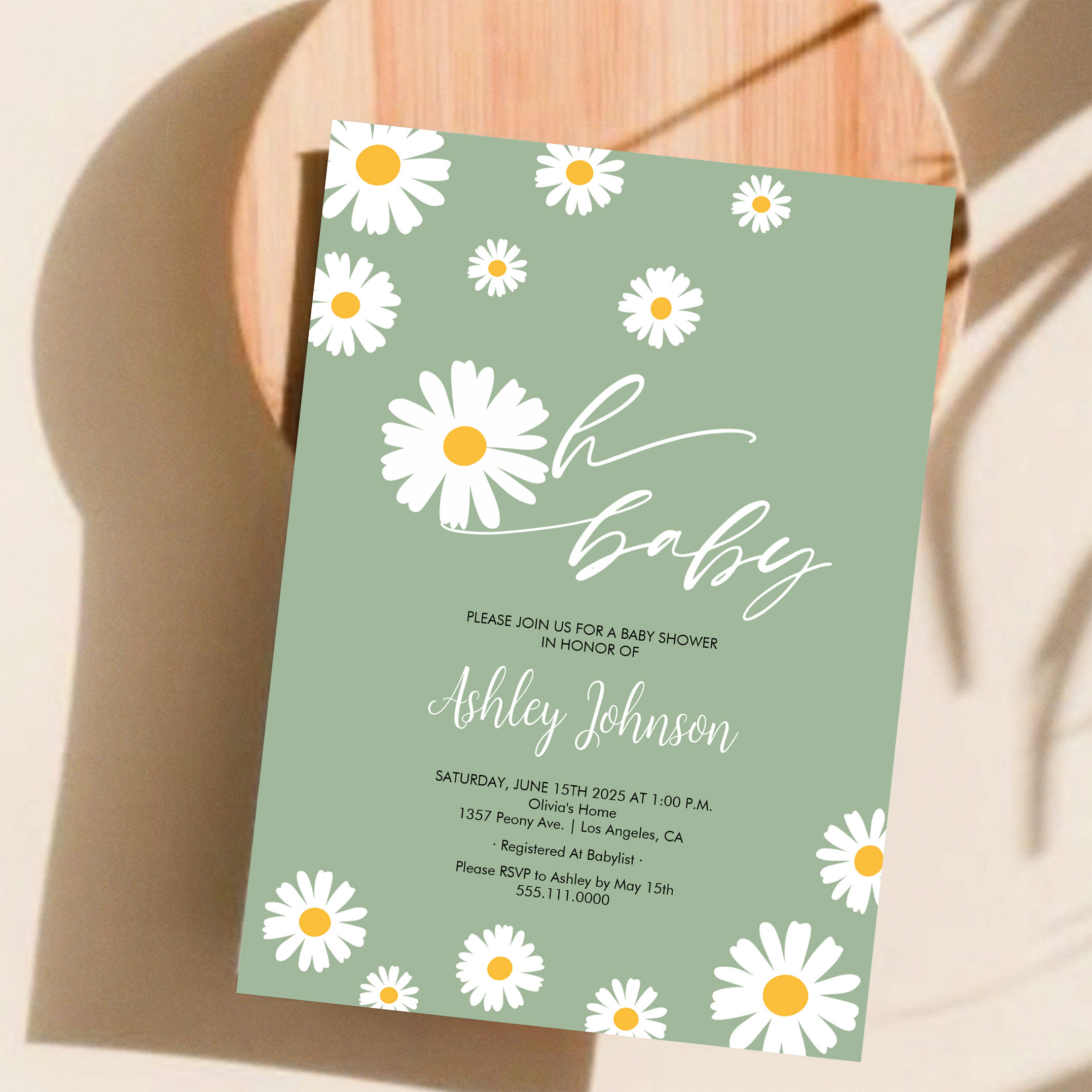 Oh Baby Floral Retro Sage Green Daisy Baby Shower Invitation - Image 11