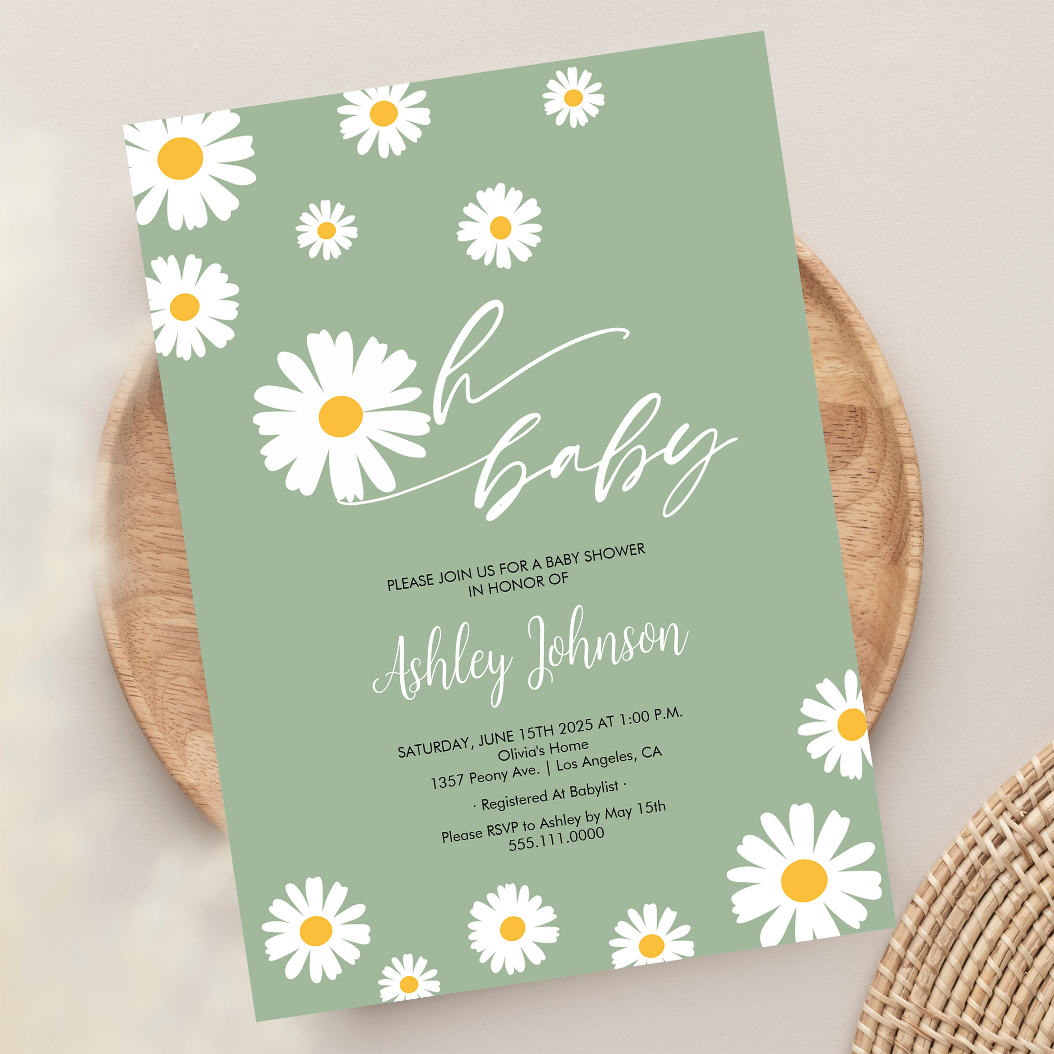 Oh Baby Floral Retro Sage Green Daisy Baby Shower Invitation - Image 13