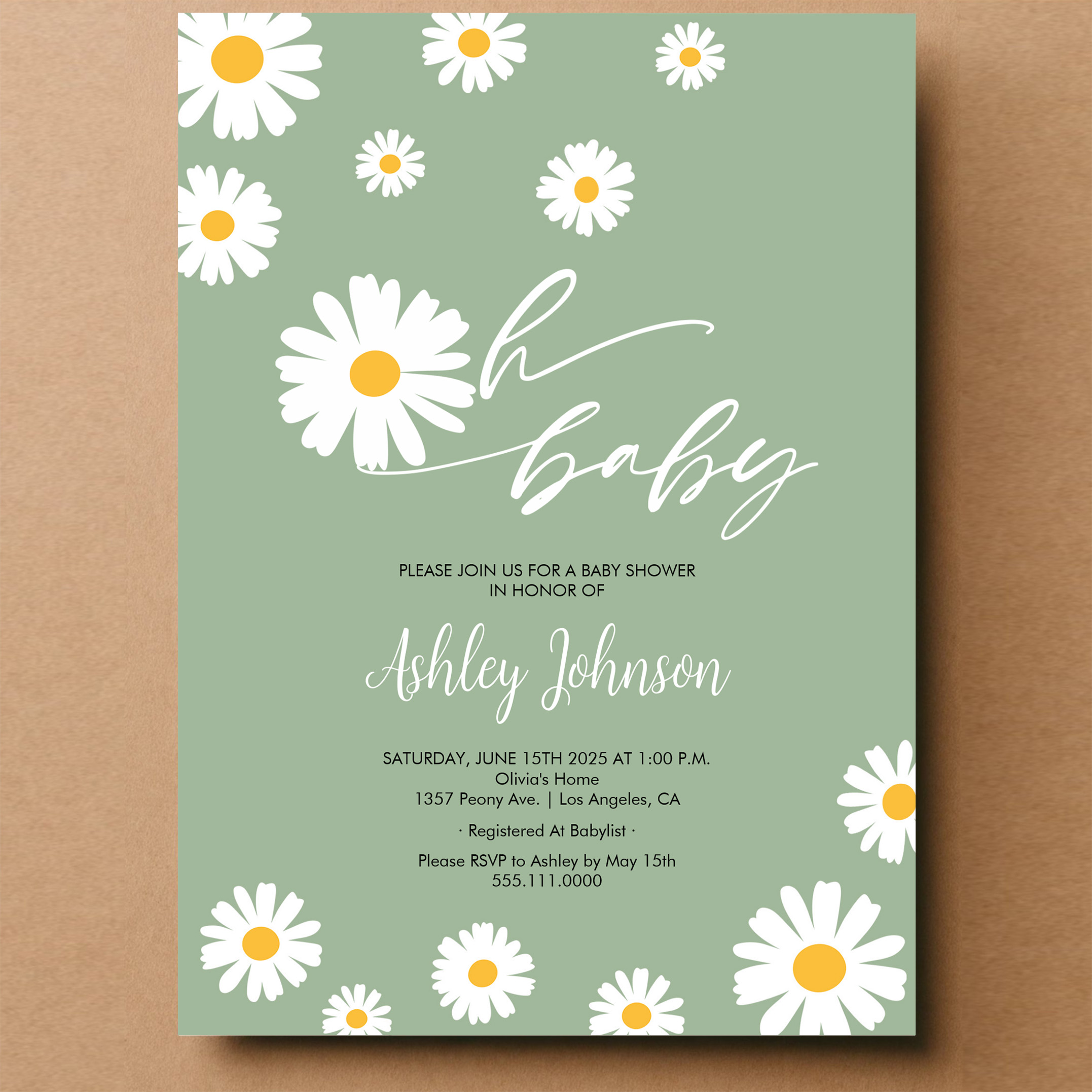 Oh Baby Floral Retro Sage Green Daisy Baby Shower Invitation - Image 14