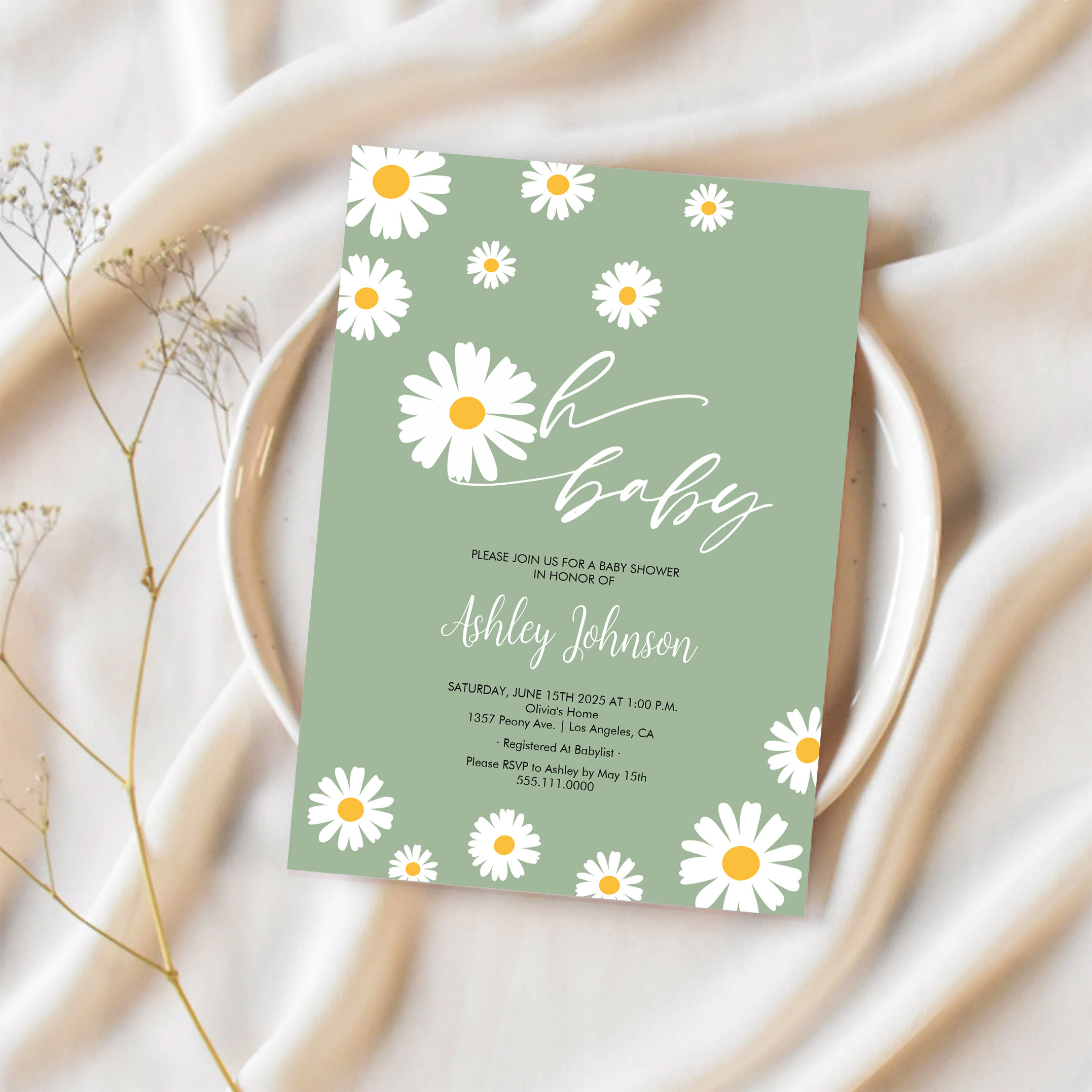 Oh Baby Floral Retro Sage Green Daisy Baby Shower Invitation - Image 2