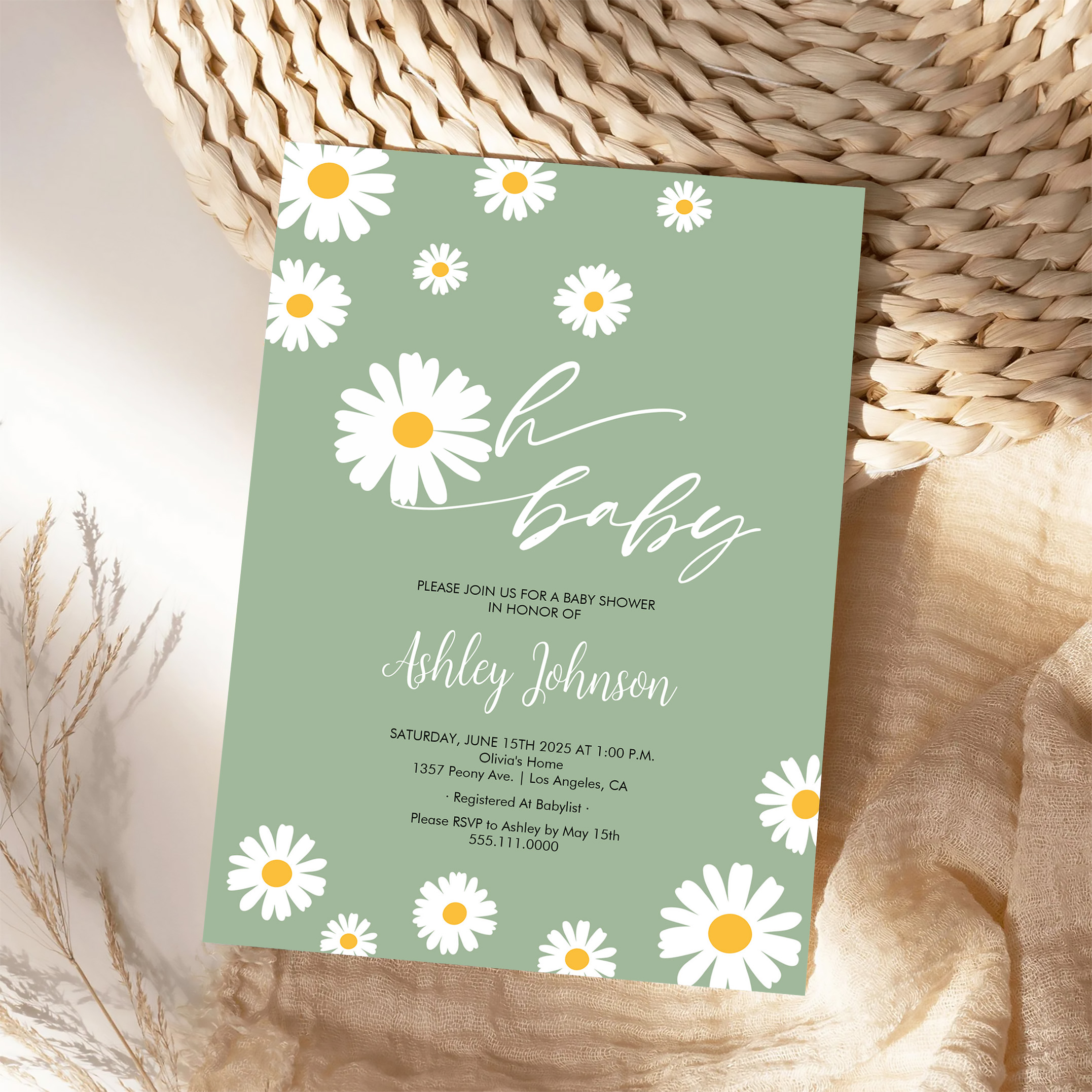 Oh Baby Floral Retro Sage Green Daisy Baby Shower Invitation - Image 4