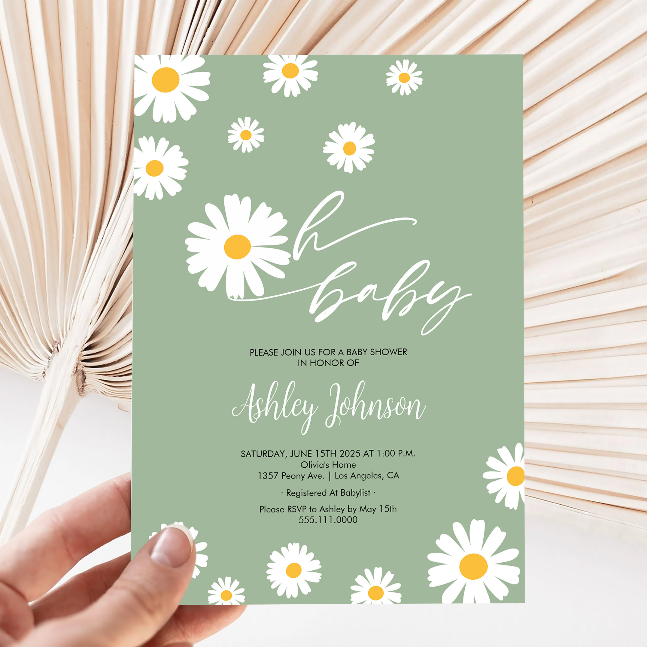 Oh Baby Floral Retro Sage Green Daisy Baby Shower Invitation - Image 5
