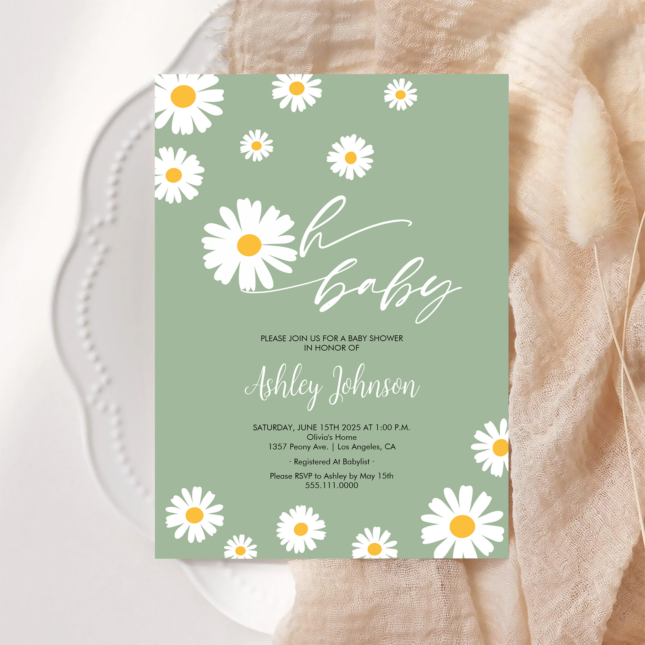 Oh Baby Floral Retro Sage Green Daisy Baby Shower Invitation - Image 6
