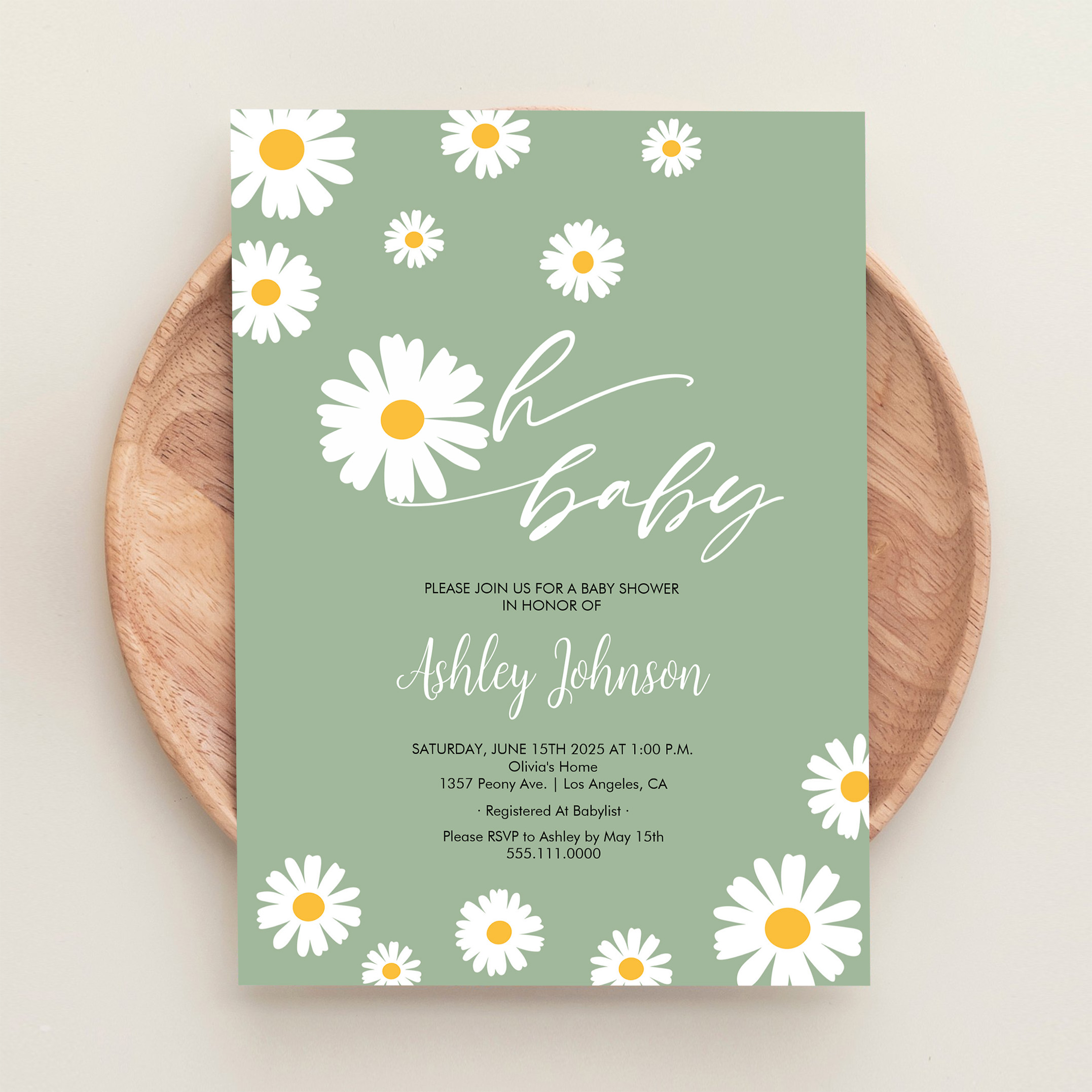 Oh Baby Floral Retro Sage Green Daisy Baby Shower Invitation - Image 7