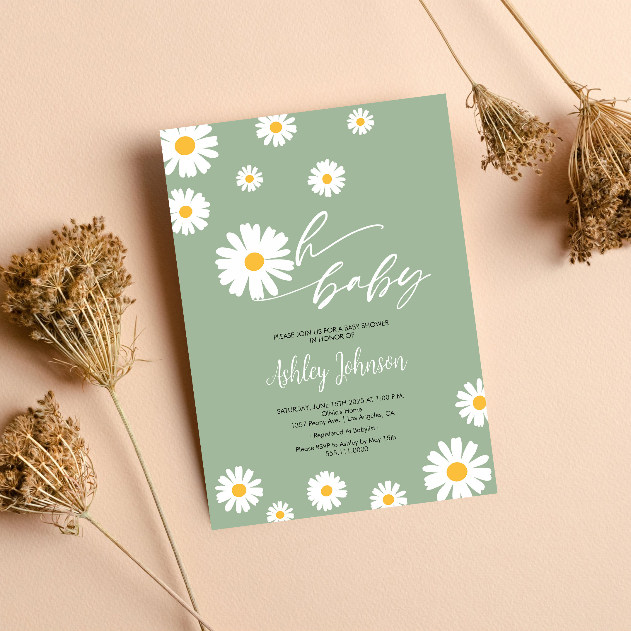 Oh Baby Floral Retro Sage Green Daisy Baby Shower Invitation - Image 8