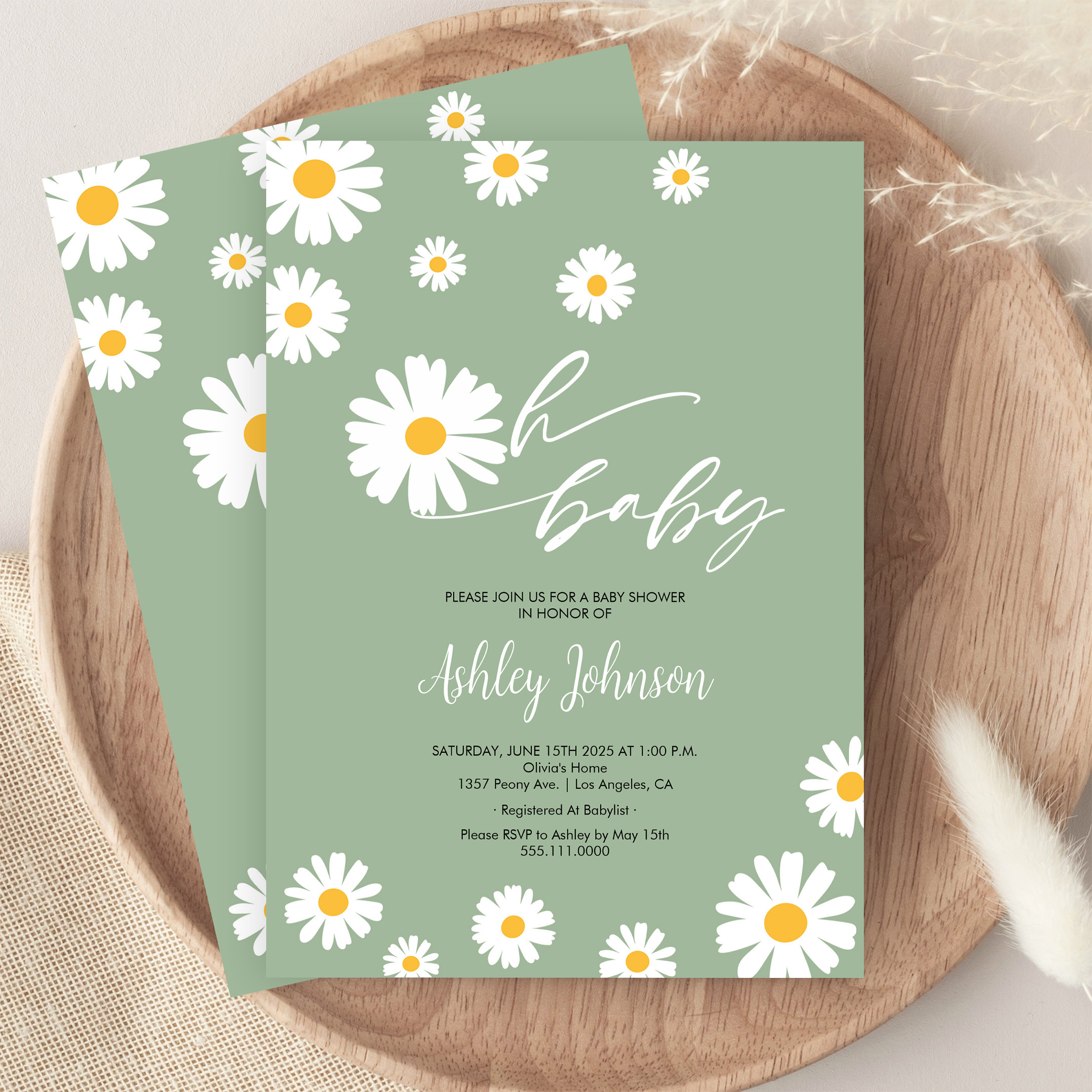 Oh Baby Floral Retro Sage Green Daisy Baby Shower Invitation - Image 9